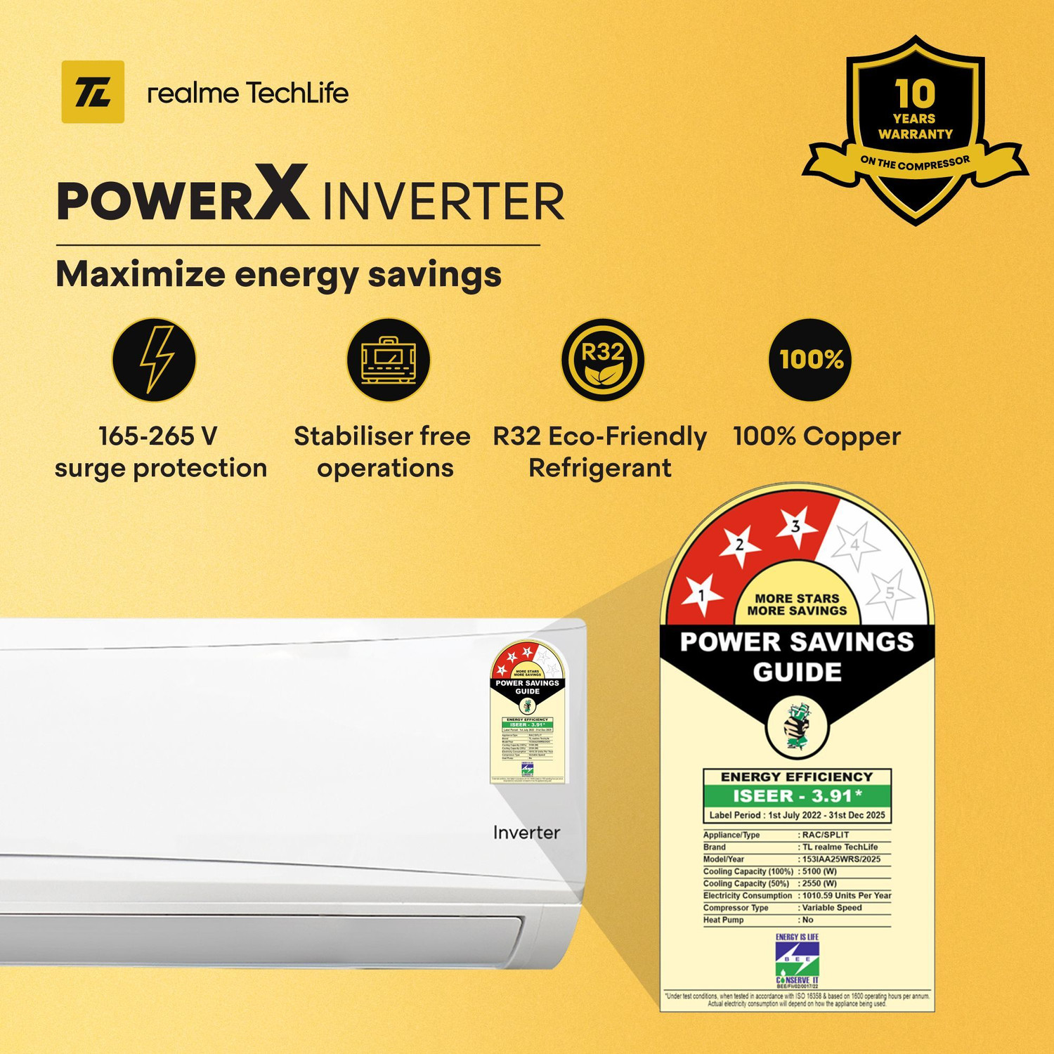 Image of realme TechLife 2025 Model 1.5 Ton 3 Star Split Inverter with Wi-fi 5-in-1 Convertible with Rapid Cool Technology Smart AC