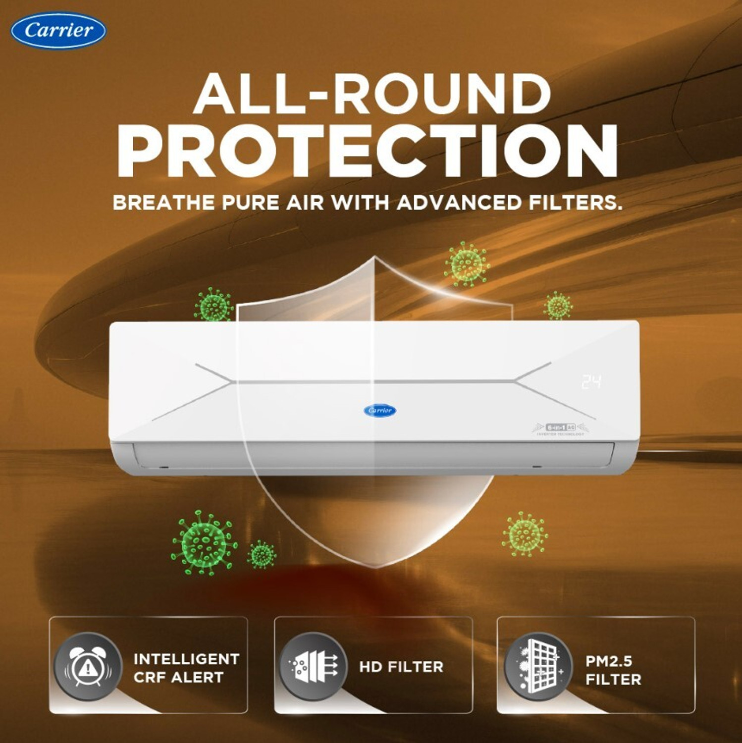 Image of CARRIER 2026 Model 1 Ton 3 Star Split AI Inverter with Wi-fi Convertible 6-in-1 with Wi-Fi with Geo-Fencing & Voice Control,Smart Energy Display, Insta Cool, Auto Defrost Clean AC