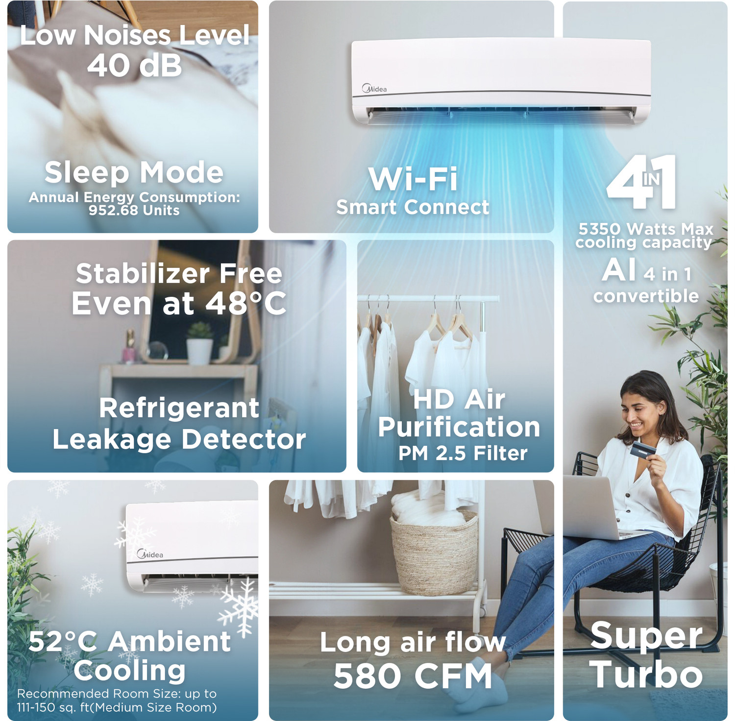 Image of Midea 2025 Model 1.5 Ton 3 Star Split Inverter with Wi-fi 4 in 1 Convertible Cooling AIHD� Filter with Auto Cleanser, SANTIS NEO RYL AC