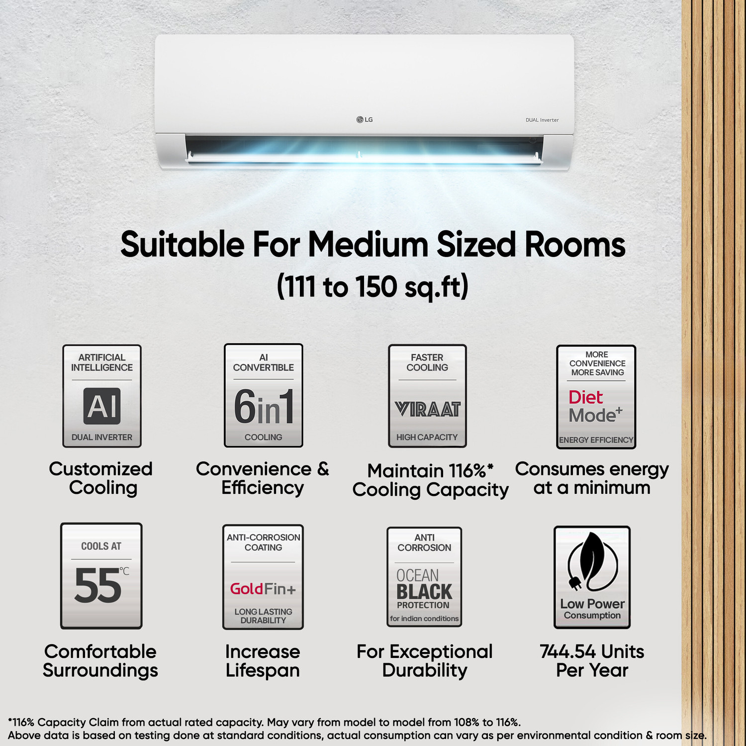 Image of LG 2025 Model 1.5 Ton 5 Star Split AI Dual Inverter Mode AI Convertible 6-in-1 with Faster Cooling and Energy Saving, VIRAAT Mode and Diet Mode Plus AC