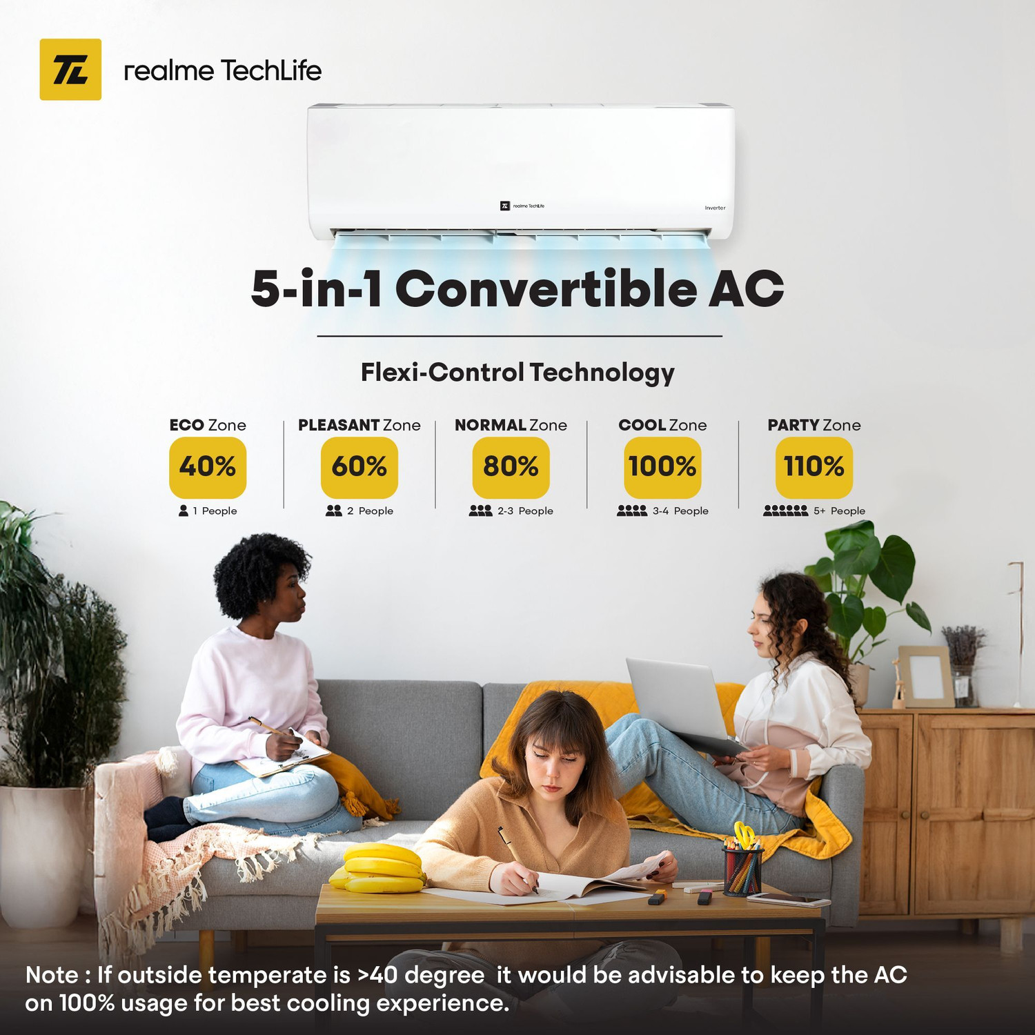 Image of realme TechLife 2025 Model 1.5 Ton 5 Star Split Inverter with Wi-fi 5-in-1 Convertible with Rapid Cool Smart Technology AC