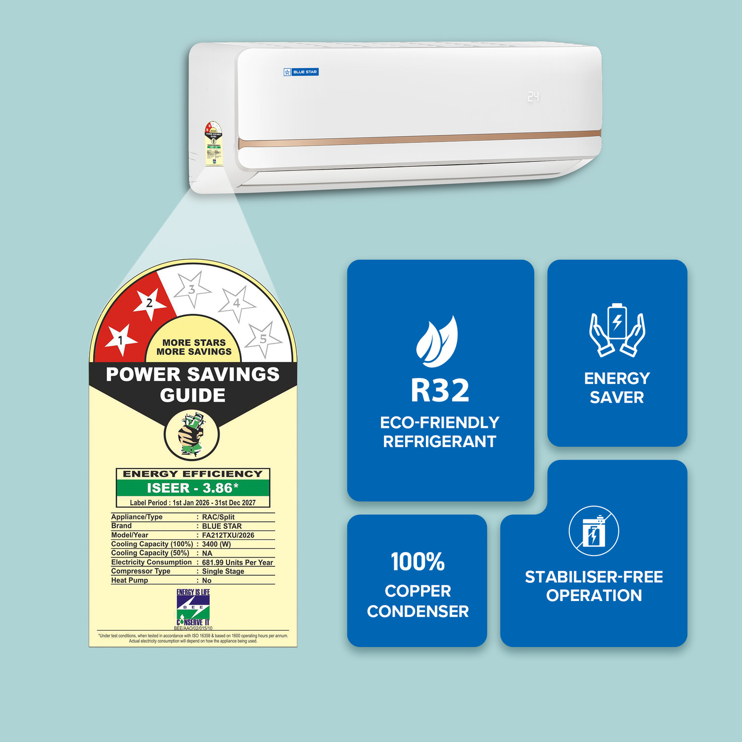 Image of Blue Star 2026 Model 1 Ton 2 Star Split Fixed Speed AC