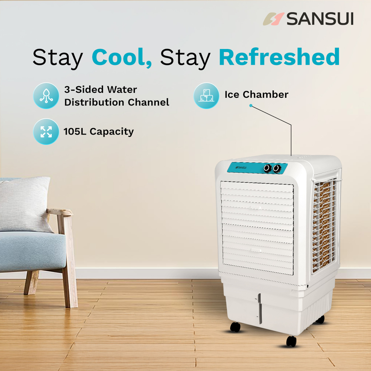 Image of Sansui 105 L Desert Air Cooler Honeycomb Cooling Pads, Ice Chamber, Large Tank
