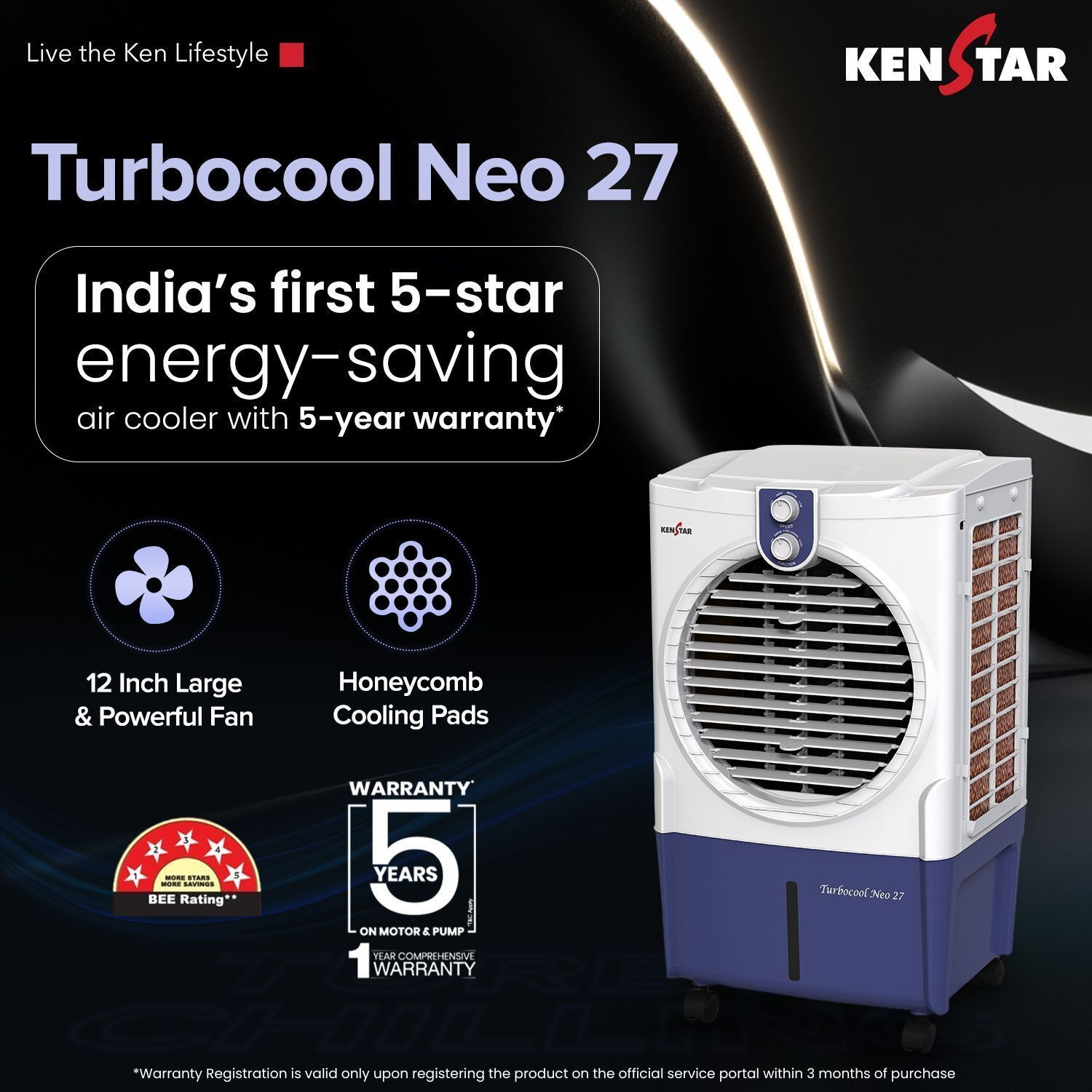 Image of Kenstar 25.5 L Room /Personal Air Cooler Honeycomb Pads, Anti-Bacterial Protection, Inverter Compatible, 5 Star BEE Rating