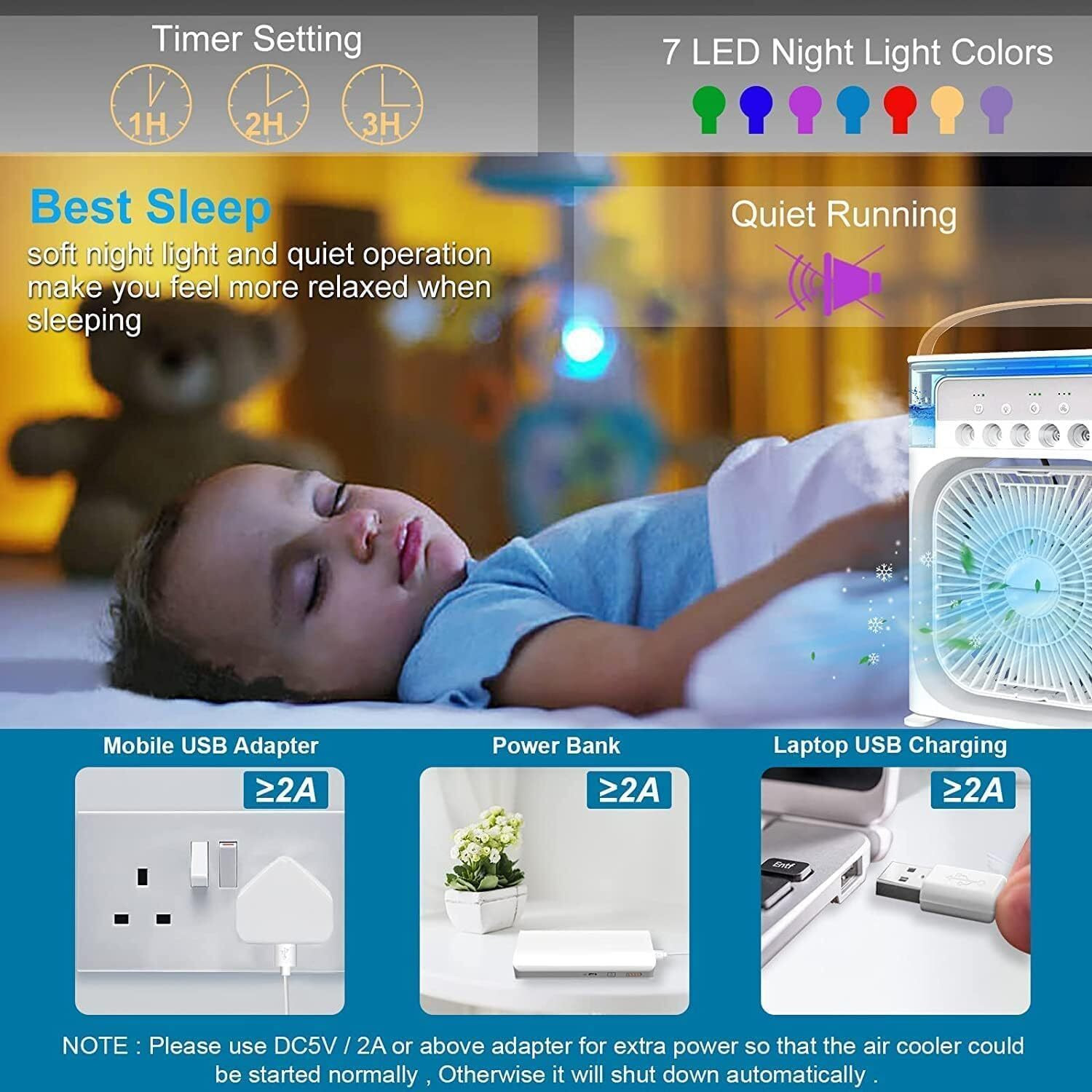 Image of gadget bloom Mystic Wrap Mini AC Room Cooler Fan with 7-Color LED, 3 Speeds,Sprays,Hour Timer Mist Fan Mini USB Air Cooler