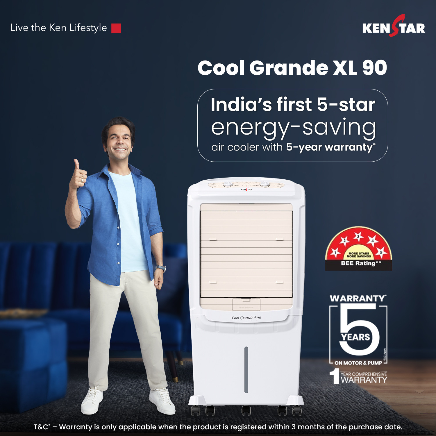 Image of Kenstar 90 L Desert Air Cooler Honeycomb Pads, Anti-Bacterial Protection, Inverter Compatible, Collapsible Louver, 5 Star BEE Rating