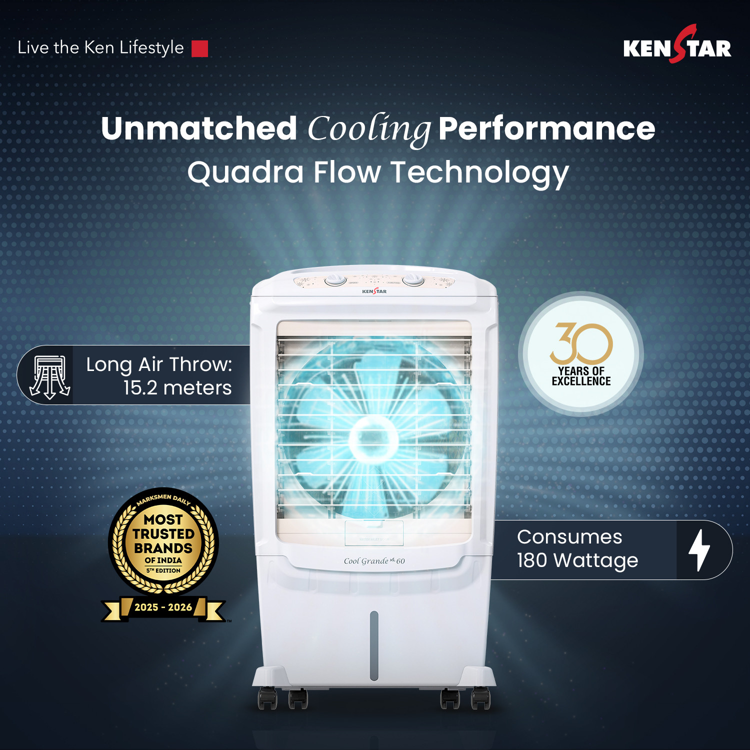 Image of Kenstar 60 L Desert Air Cooler Honeycomb Pads, Anti-Bacterial Protection, Inverter Compatible, Collapsible Louver, 5 Star BEE Rating