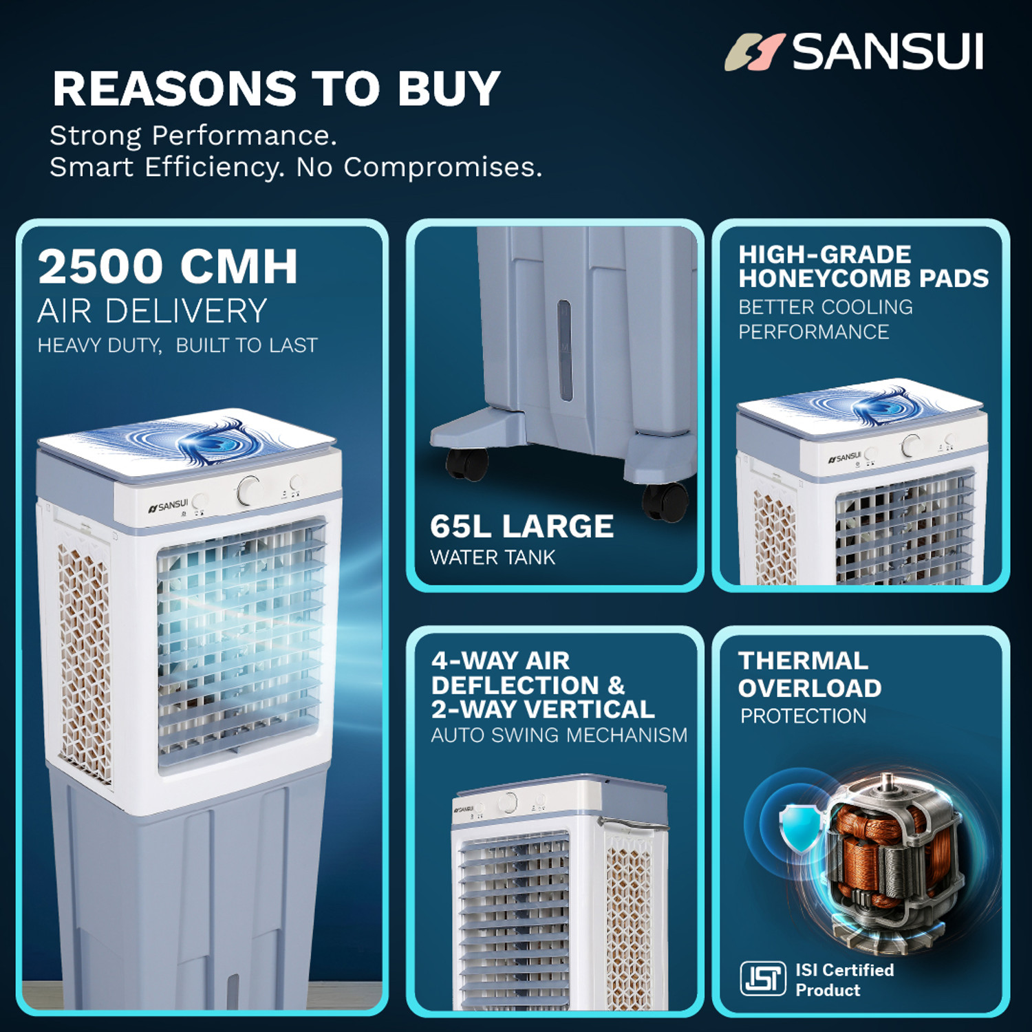 Image of Sansui 65 L Tower Air Cooler Water Level Display, High Grade HoneyComb Cooling Pads