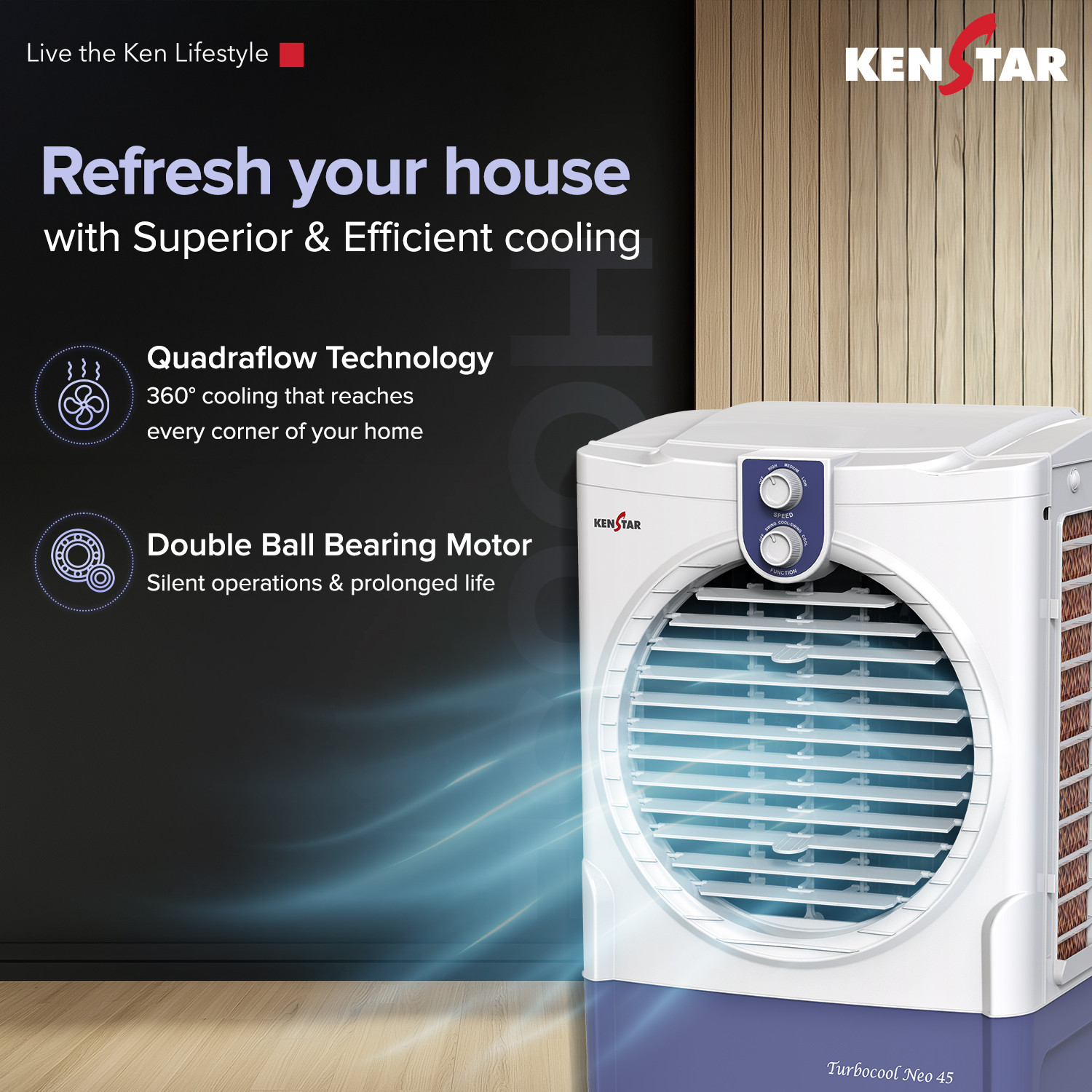 Image of Kenstar 45 L Room /Personal Air Cooler Honeycomb Pads, Anti-Bacterial Protection, Inverter Compatible, 5 Star BEE Rating