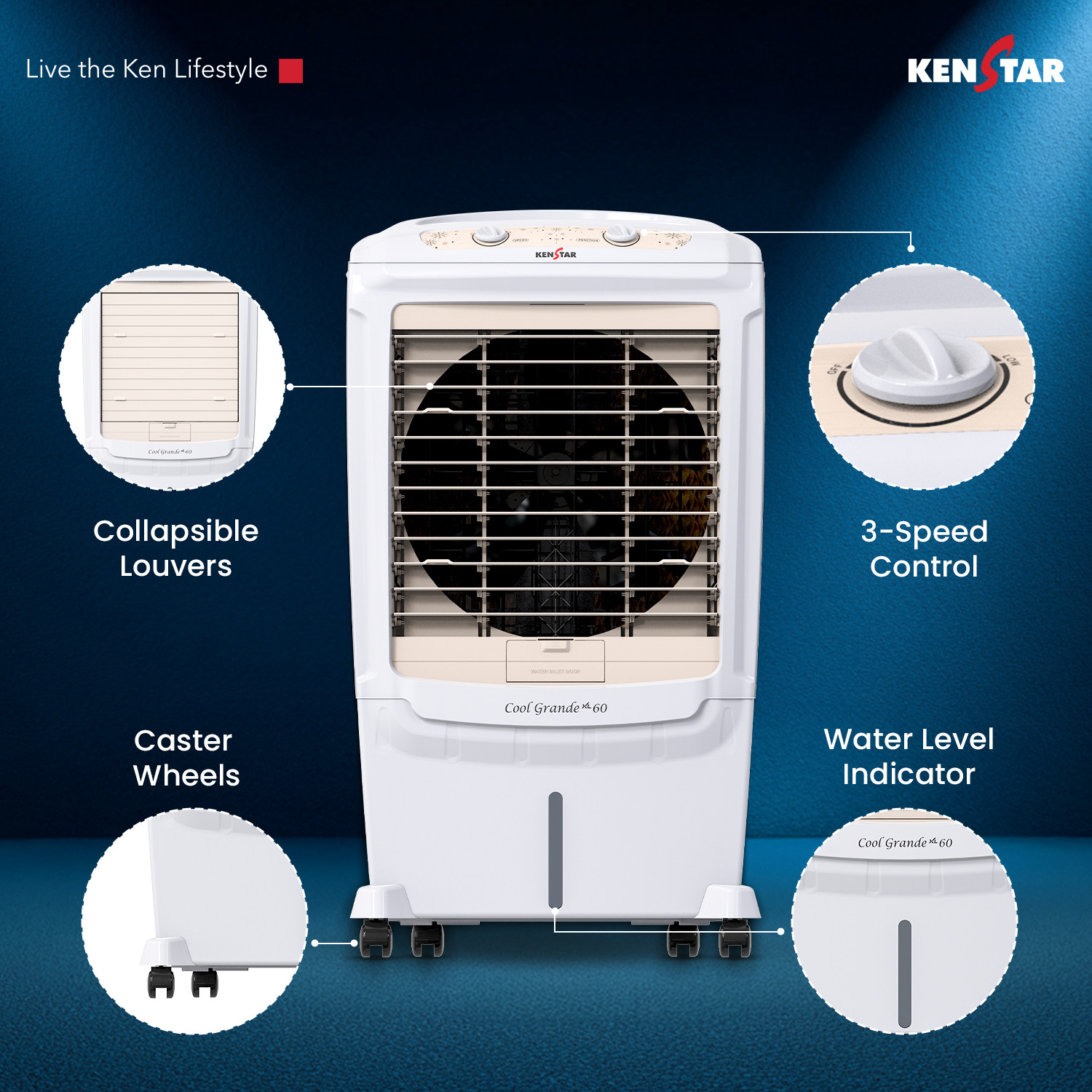 Image of Kenstar 60 L Desert Air Cooler Honeycomb Pads, Anti-Bacterial Protection, Inverter Compatible, Collapsible Louver, 5 Star BEE Rating