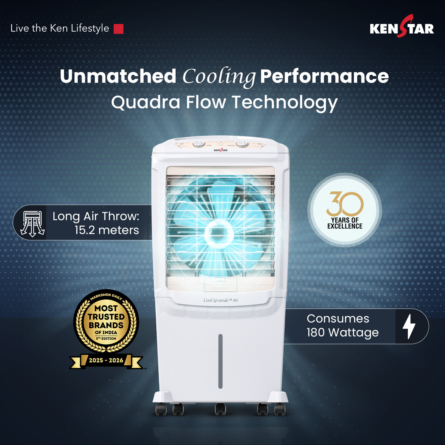 Image of Kenstar 90 L Desert Air Cooler Honeycomb Pads, Anti-Bacterial Protection, Inverter Compatible, Collapsible Louver, 5 Star BEE Rating