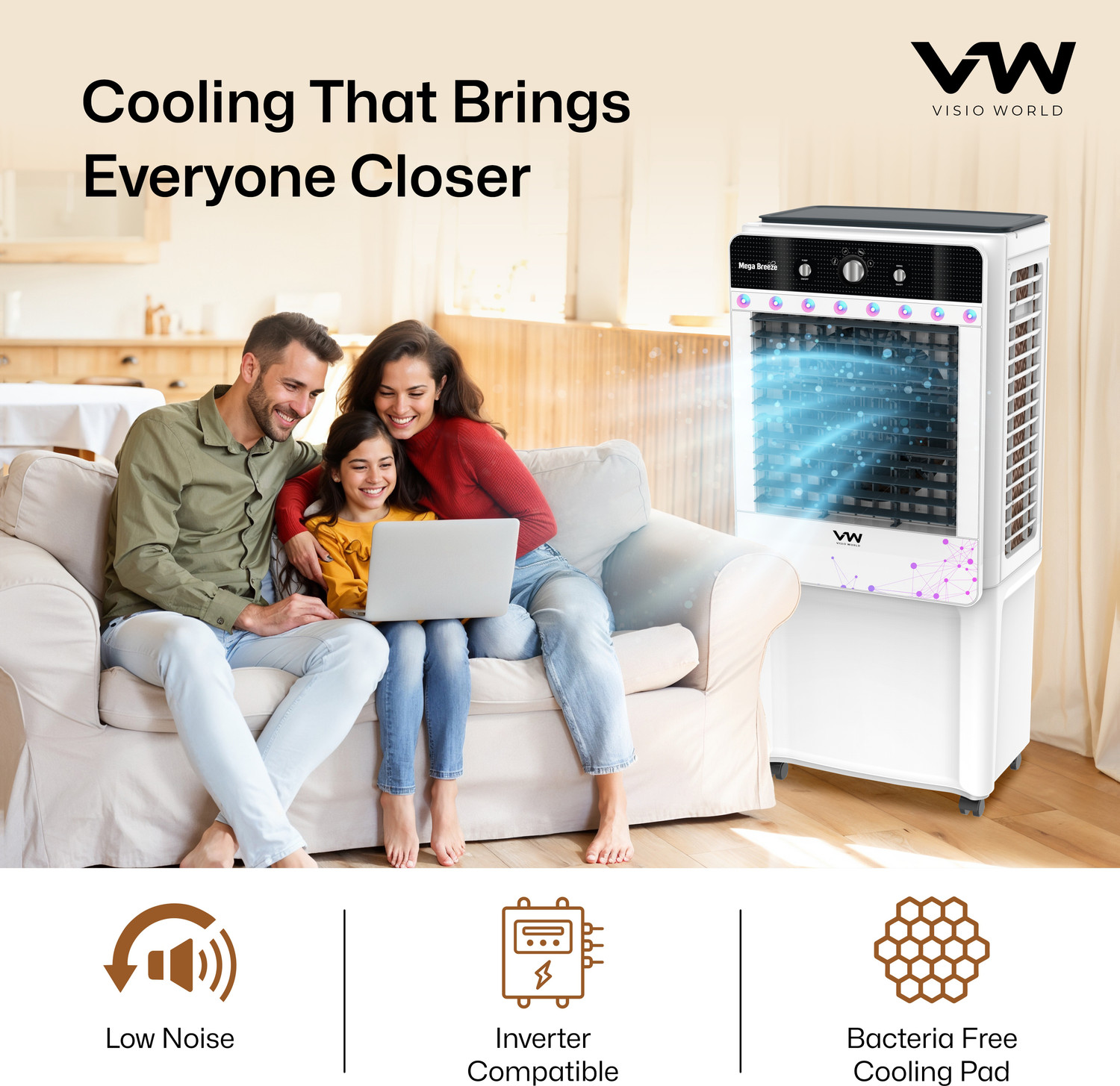 Image of VW 100 L Desert Air Cooler With Ambient Lights and 3 side Honeycomb