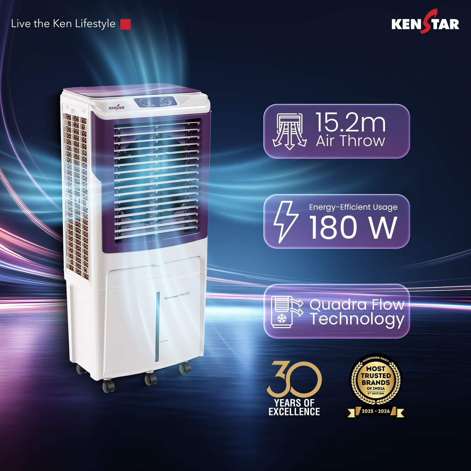 Image of Kenstar 105 L Desert Air Cooler Honeycomb Pads, Anti-Bacterial Protection, Inverter Compatible, Collapsible Louver, 5 Star BEE Rating