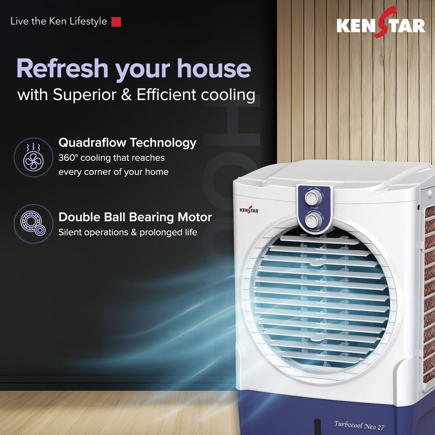 Image of Kenstar 25.5 L Room /Personal Air Cooler Honeycomb Pads, Anti-Bacterial Protection, Inverter Compatible, 5 Star BEE Rating