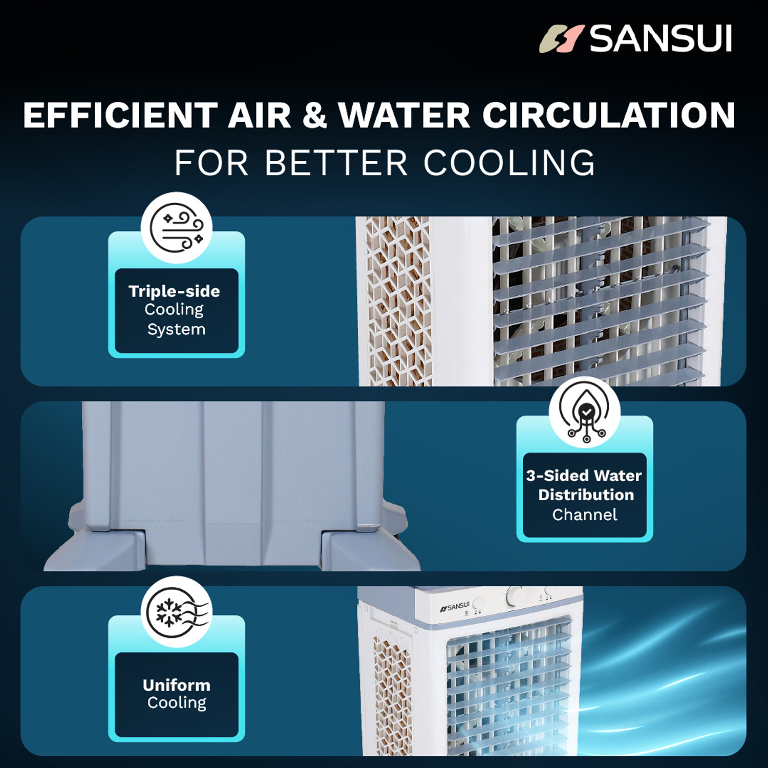 Image of Sansui 65 L Tower Air Cooler Water Level Display, High Grade HoneyComb Cooling Pads