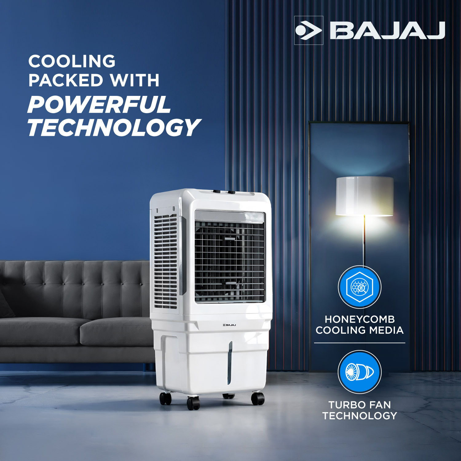 Image of BAJAJ 85 L Desert Air Cooler High Air Delivery Turbo Fan Technology 3-Side Honeycomb Cooling Inverter Compatible
