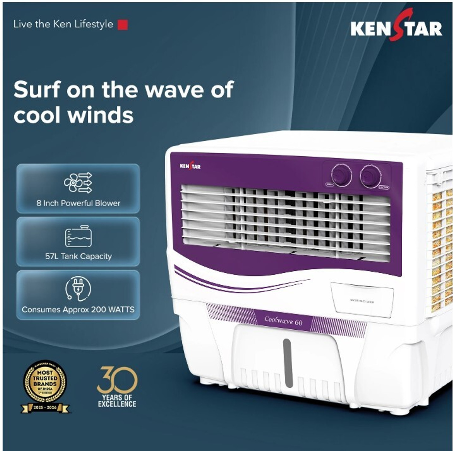 Image of Kenstar 60 L Window Air Cooler (PURPLE & WHITE, COOLWAVE 60, 5 Star BEE Rating)