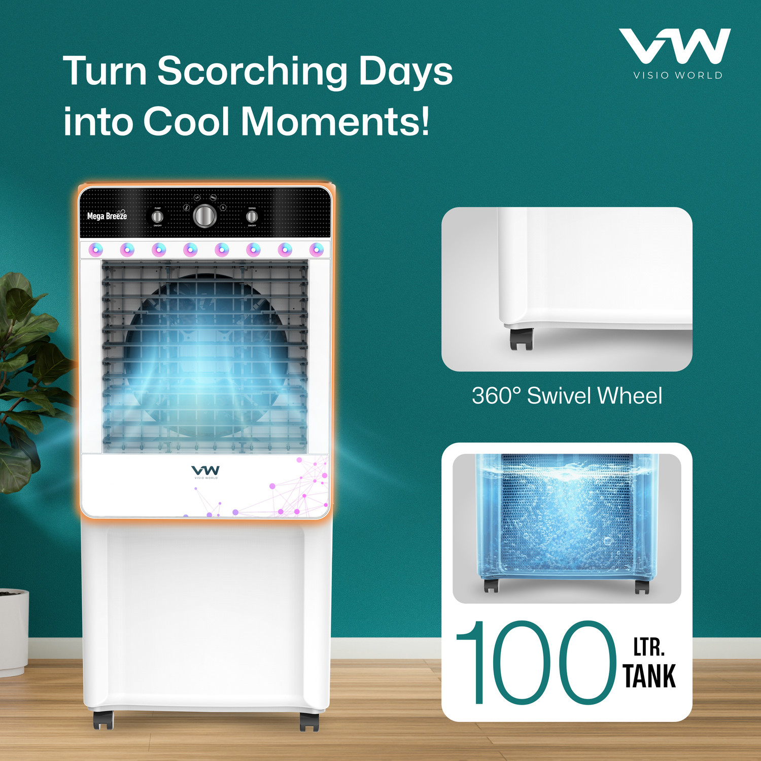 Image of VW 100 L Desert Air Cooler With Ambient Lights and 3 side Honeycomb