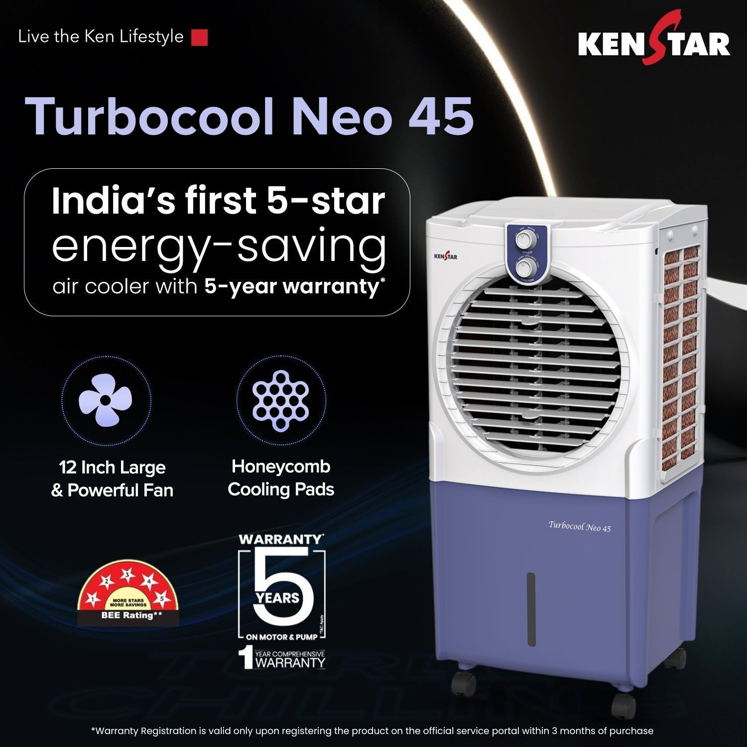 Image of Kenstar 45 L Room /Personal Air Cooler Honeycomb Pads, Anti-Bacterial Protection, Inverter Compatible, 5 Star BEE Rating