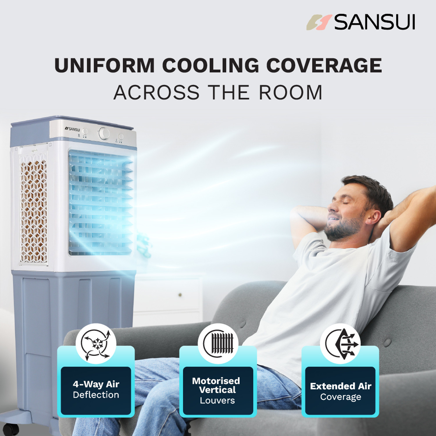 Image of Sansui 65 L Tower Air Cooler Water Level Display, High Grade HoneyComb Cooling Pads