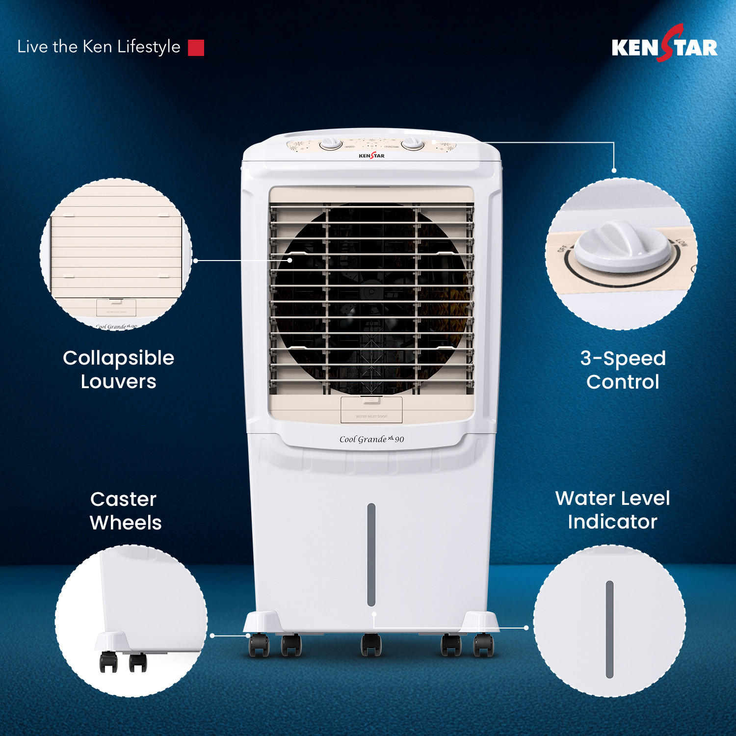 Image of Kenstar 90 L Desert Air Cooler Honeycomb Pads, Anti-Bacterial Protection, Inverter Compatible, Collapsible Louver, 5 Star BEE Rating