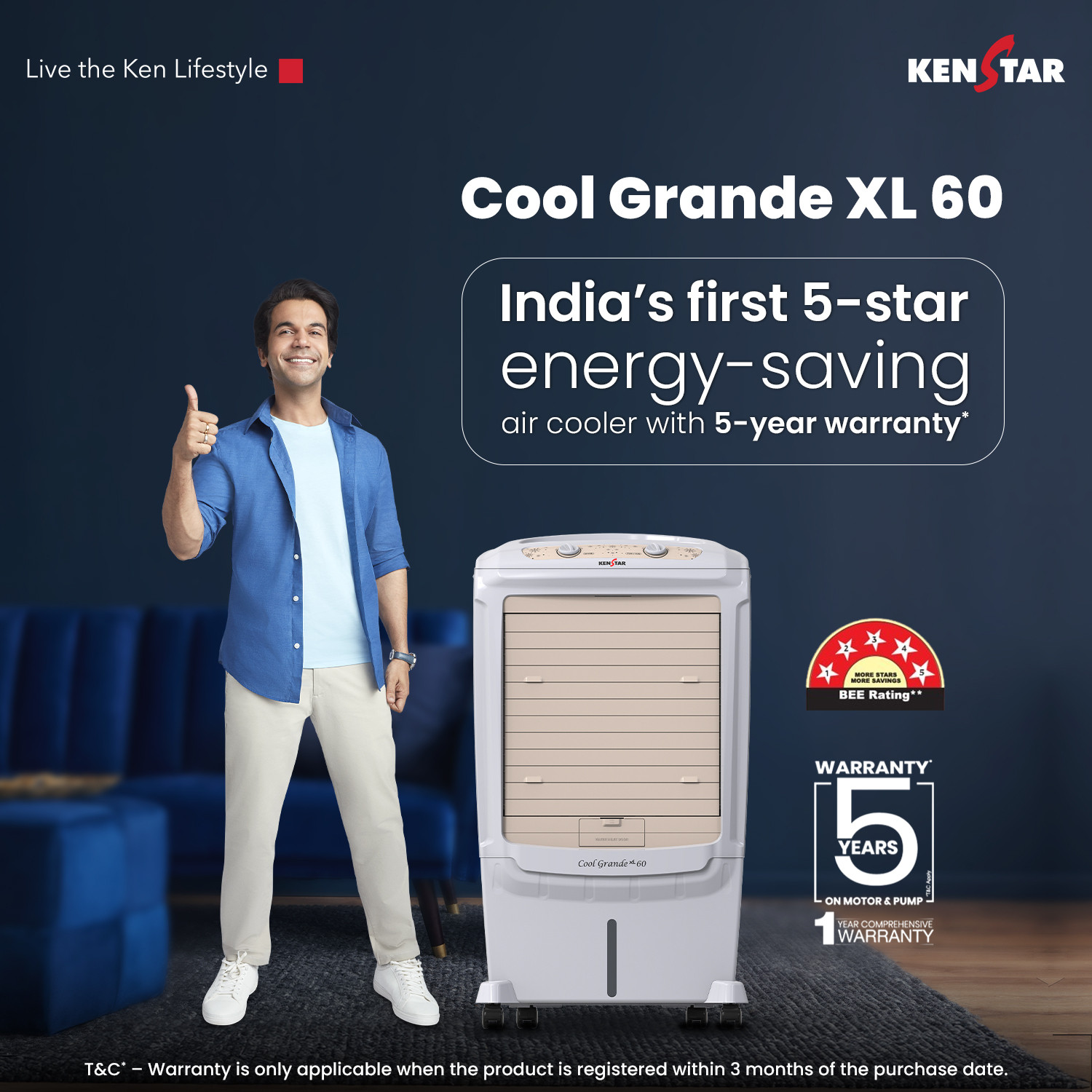 Image of Kenstar 60 L Desert Air Cooler Honeycomb Pads, Anti-Bacterial Protection, Inverter Compatible, Collapsible Louver, 5 Star BEE Rating
