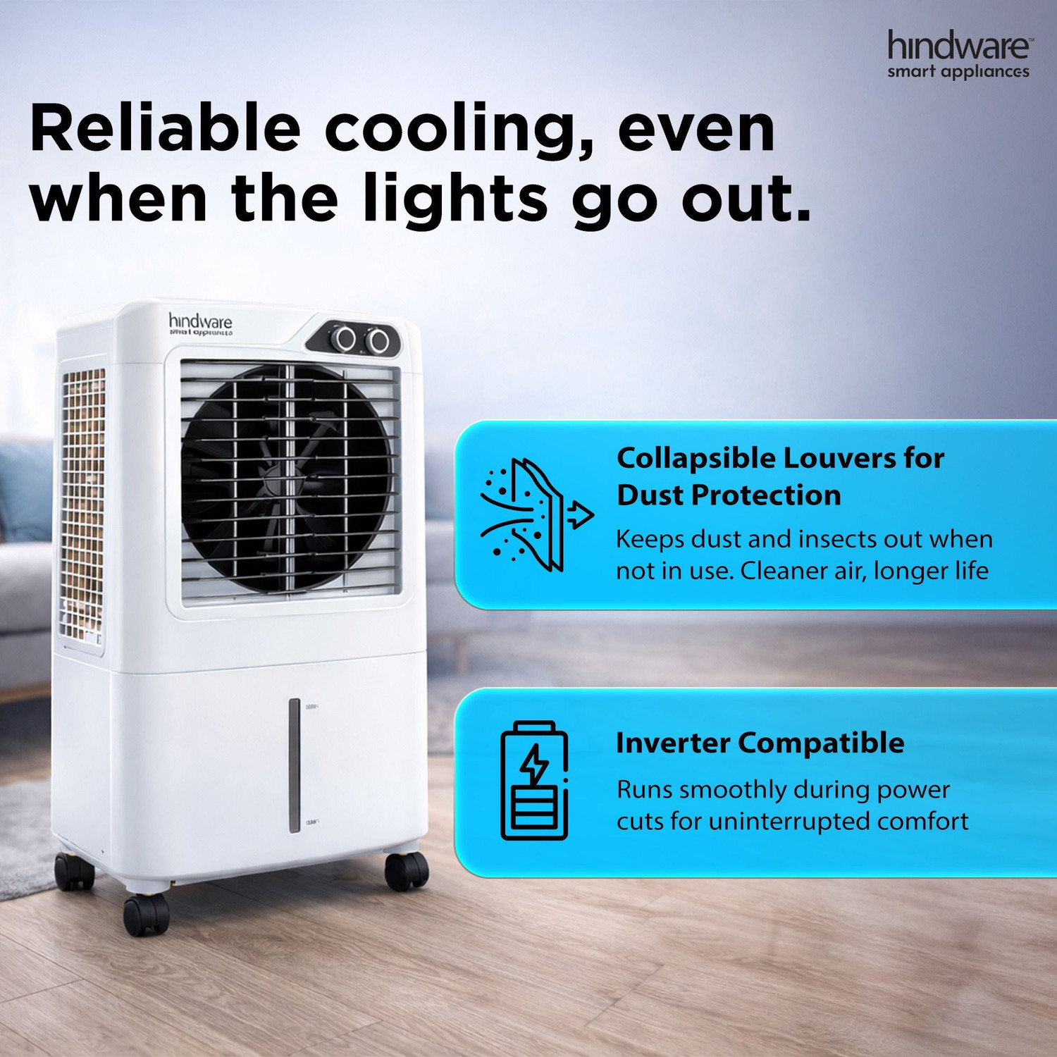 Image of Hindware Smart Appliances 77 L Desert Air Cooler Anti-Bacterial Protection, Inverter Compatible