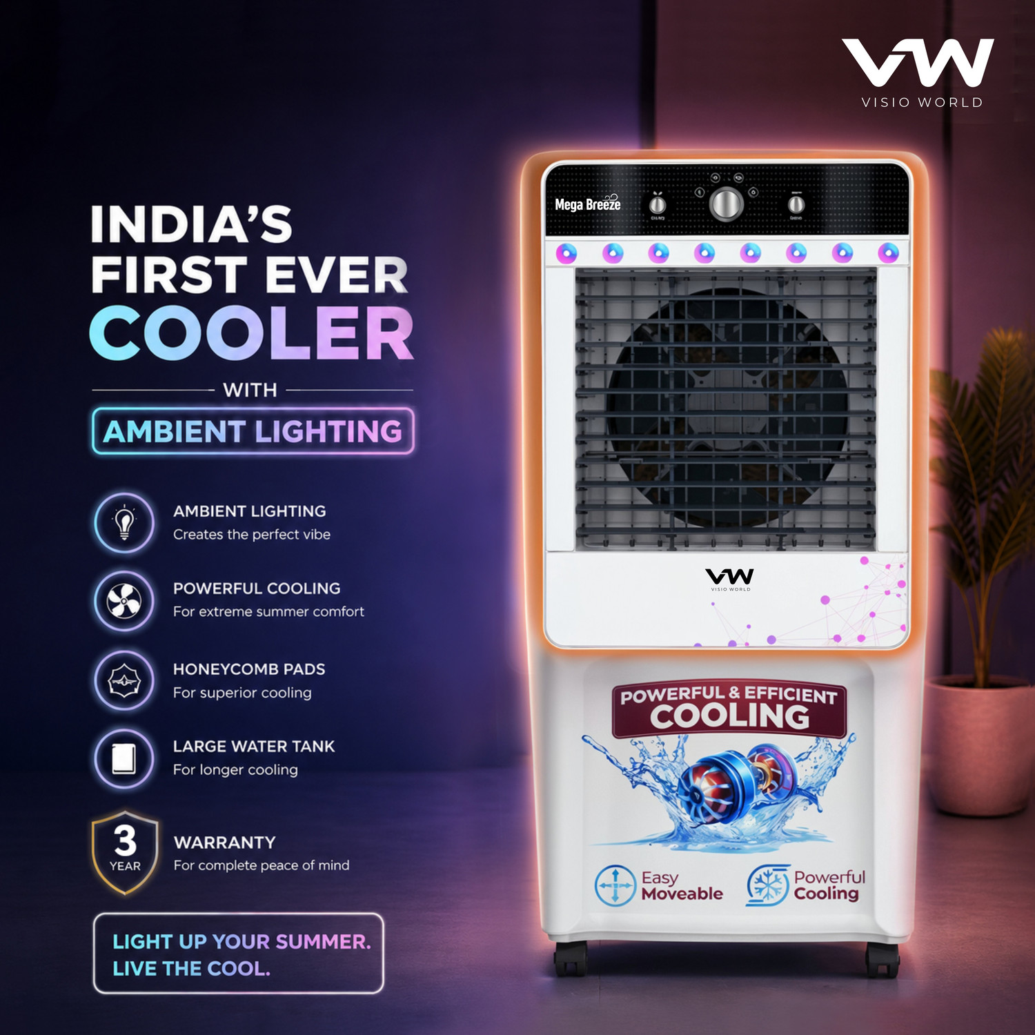 Image of VW 100 L Desert Air Cooler With Ambient Lights and 3 side Honeycomb