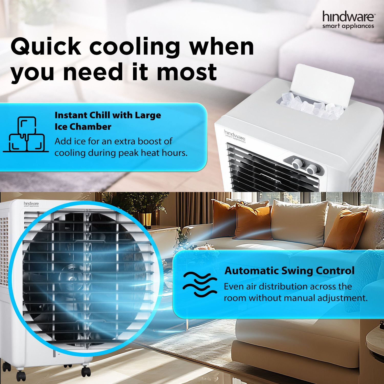Image of Hindware Smart Appliances 77 L Desert Air Cooler Anti-Bacterial Protection, Inverter Compatible