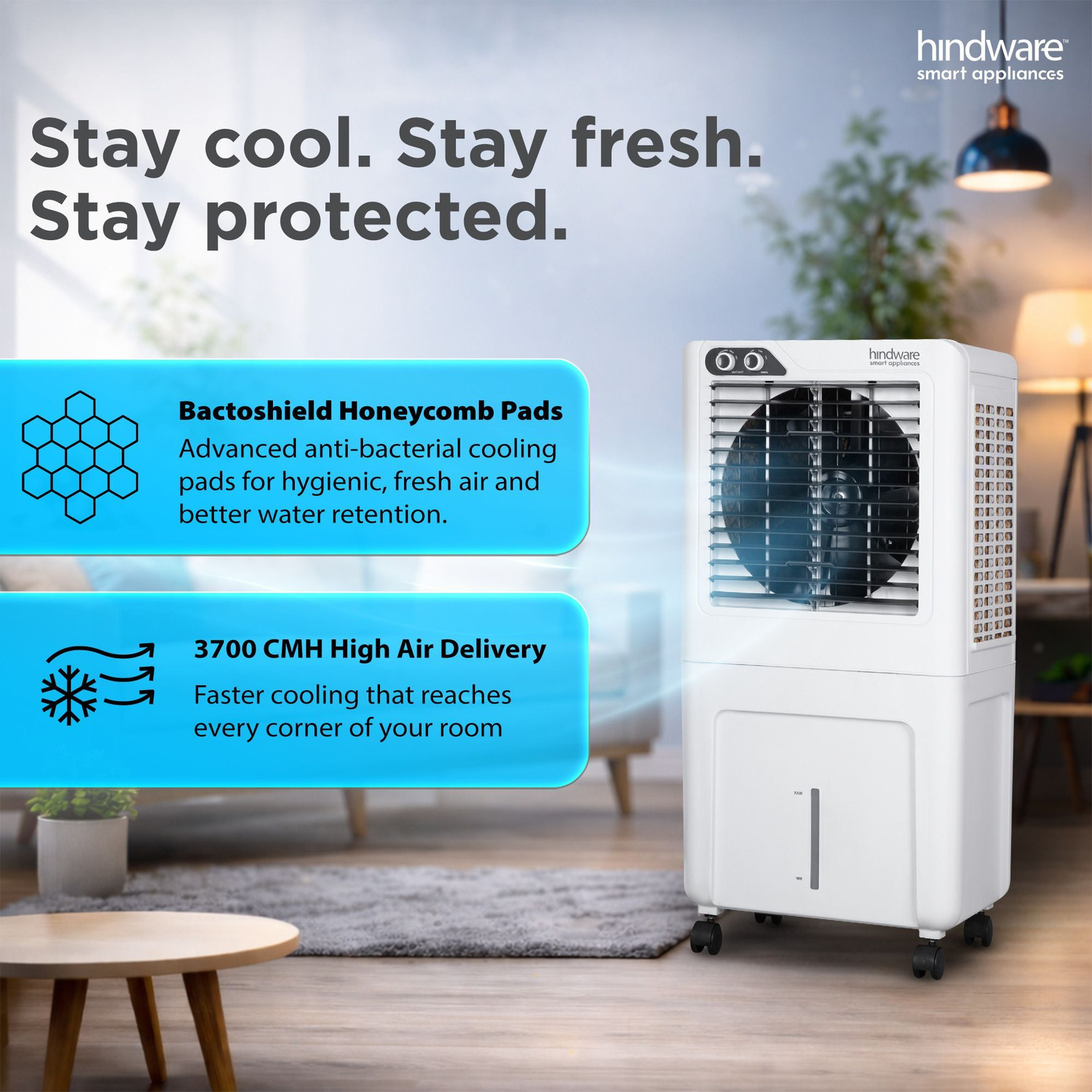 Image of Hindware Smart Appliances 77 L Desert Air Cooler Anti-Bacterial Protection, Inverter Compatible