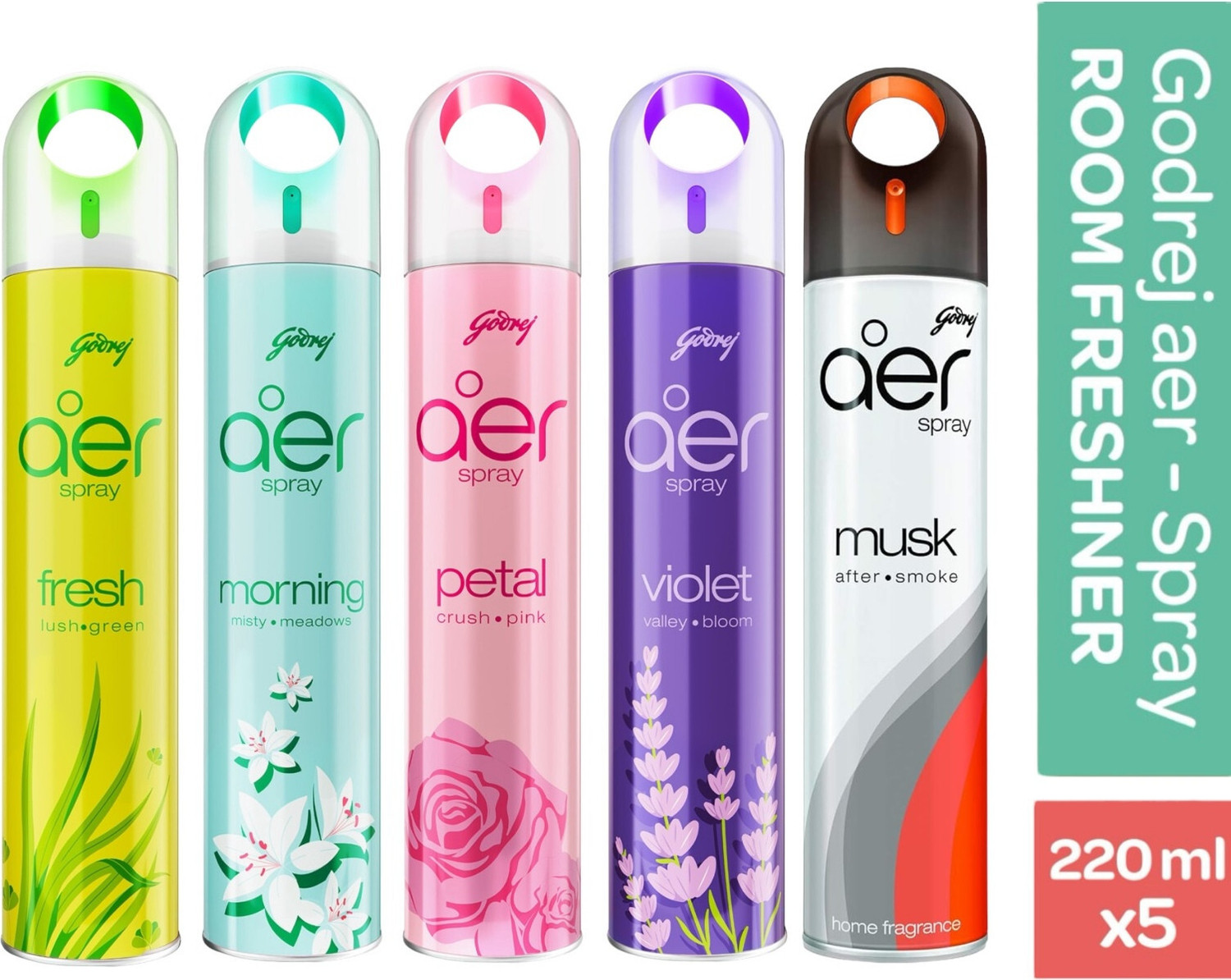 Image of Godrej Morning, Petal, Musk, Voilet, Fresh Lush Green Spray Aer Room Freshener Spray Combo