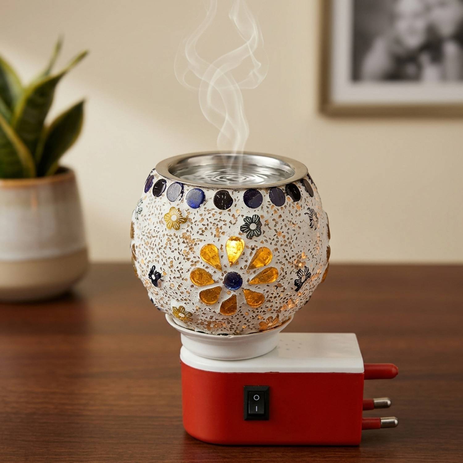 Aatiutik (Fragrance Oil not included -Only Diffuser) Diffuser Electric Kapoor Dani Camphor Diffuser with Decorative Mosaic Ceramic Bowl | Camphor Burner for Home Fragrance, Pooja & Air Purification | Night Lamp Aroma Diffuser