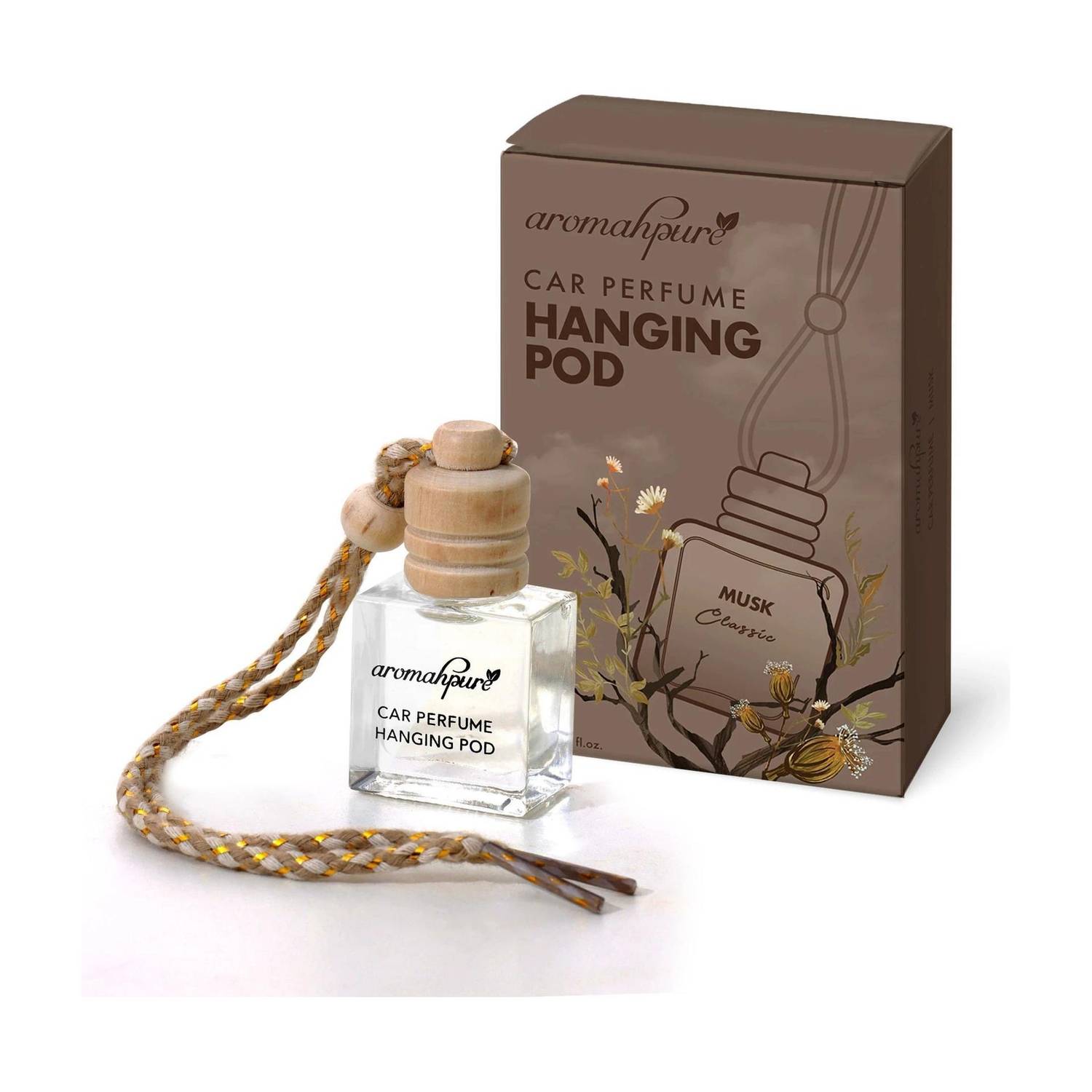 Aromahpure Musk Car Freshener Diffuser Hanging Pod | Natural Fragrance Oils in Glass Bottle with Wooden Lid