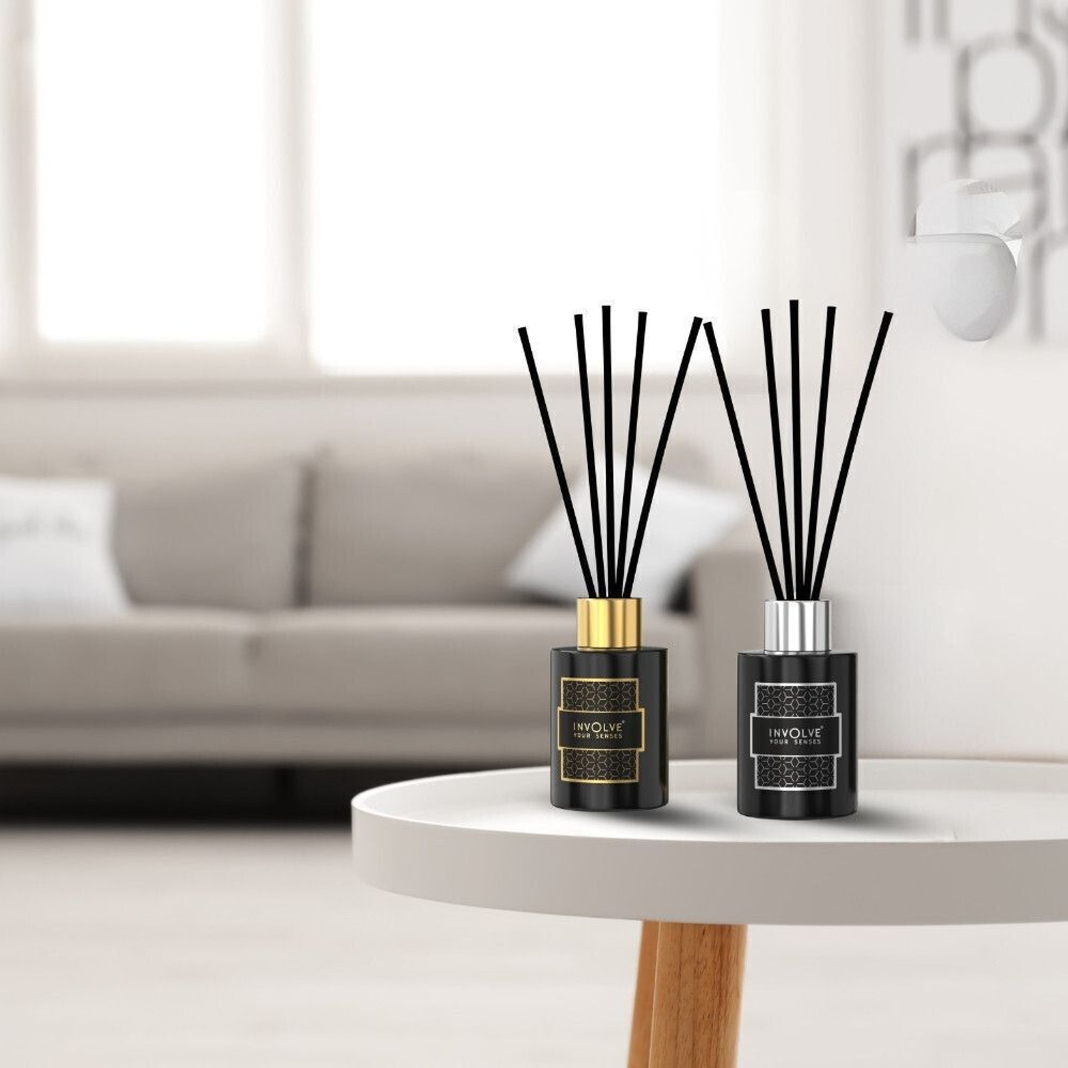 Image of Involve Elegance Reed Diffuser Set Pack of 2 -Golden Musk Glory and Silver Aqua - 120 ml Diffuser Set | Oil Diffuser with Free 10 Reed Sticks | Room Freshener for Home, Bedroom, Living Room & Office | Gifts Set