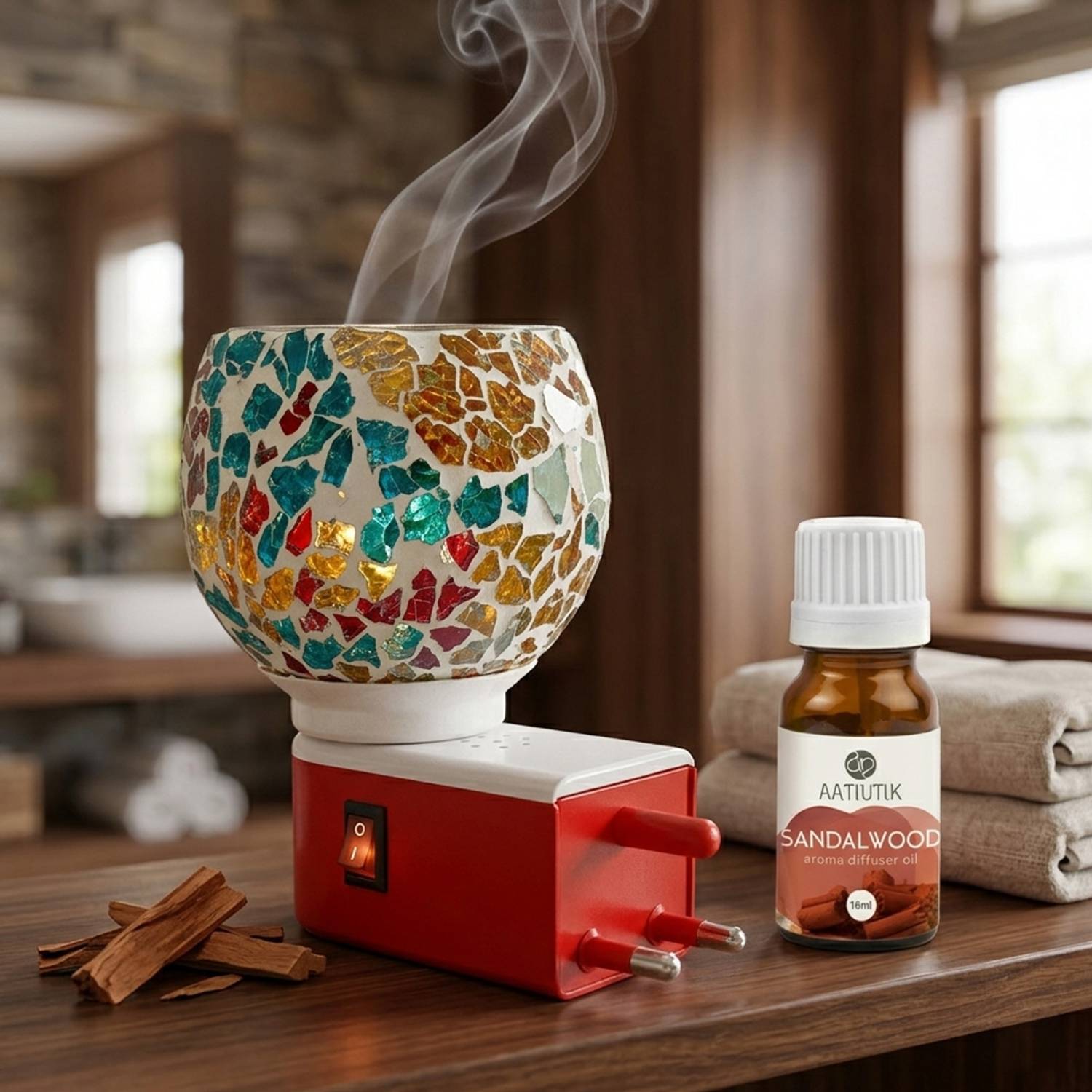 Aatiutik Sandalwood Air Freshener Diffuser Set Electric Kapoor Dani Camphor Diffuser with Mosaic Glass Bowl | Plug-in Aroma Oil & Camphor Burner | Fragrance Air Freshener for Home, पूजा & Office (Multicolor)