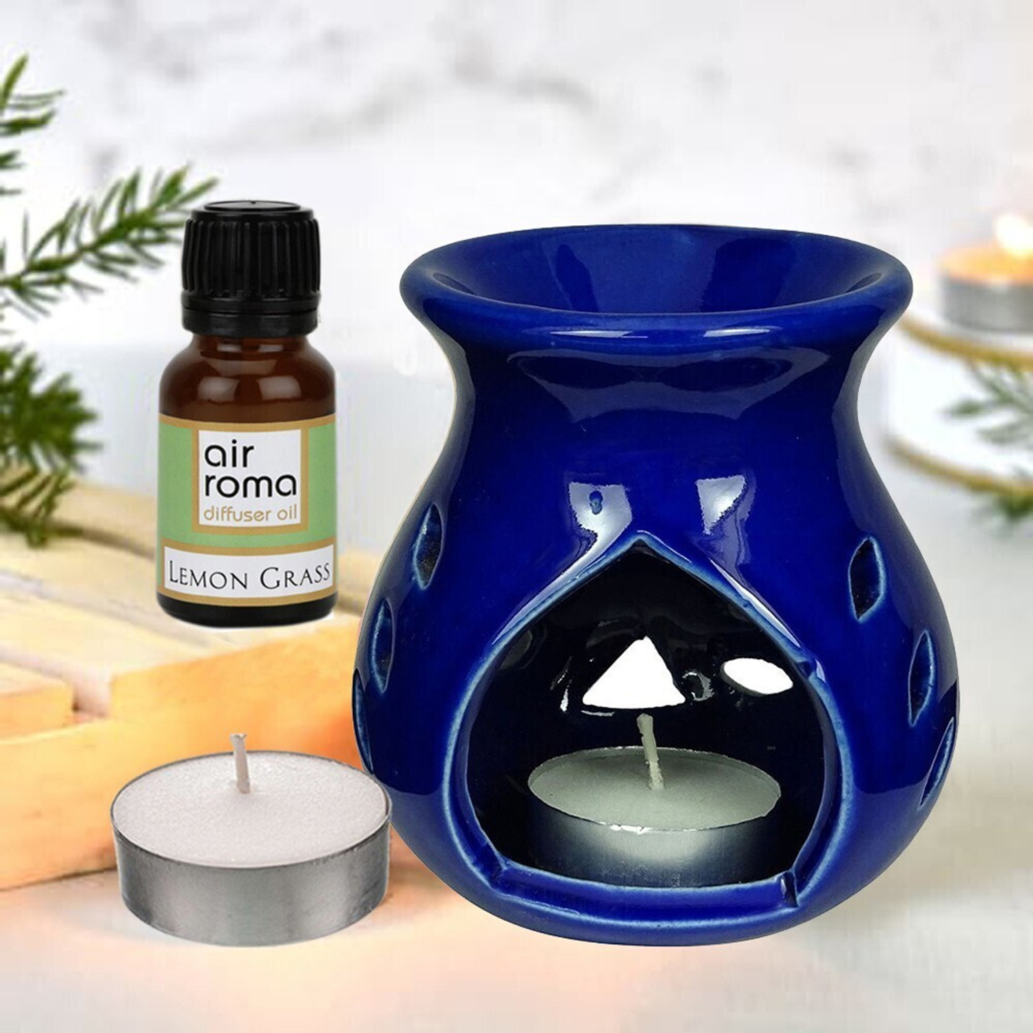 Image of Airroma Aroma Gift Set Oil Burner Aroma Diffuser Blue (Free 2 Tea Light Candles & 10 ml Lemon Grass Aroma Oil) Diffuser, Diffuser Set, Aroma Oil Aroma Gift Set Oil Burner Aroma Diffuser Blue (Free 2 Tea Light Candles & 10 ml Lemon Grass Aroma Oil)