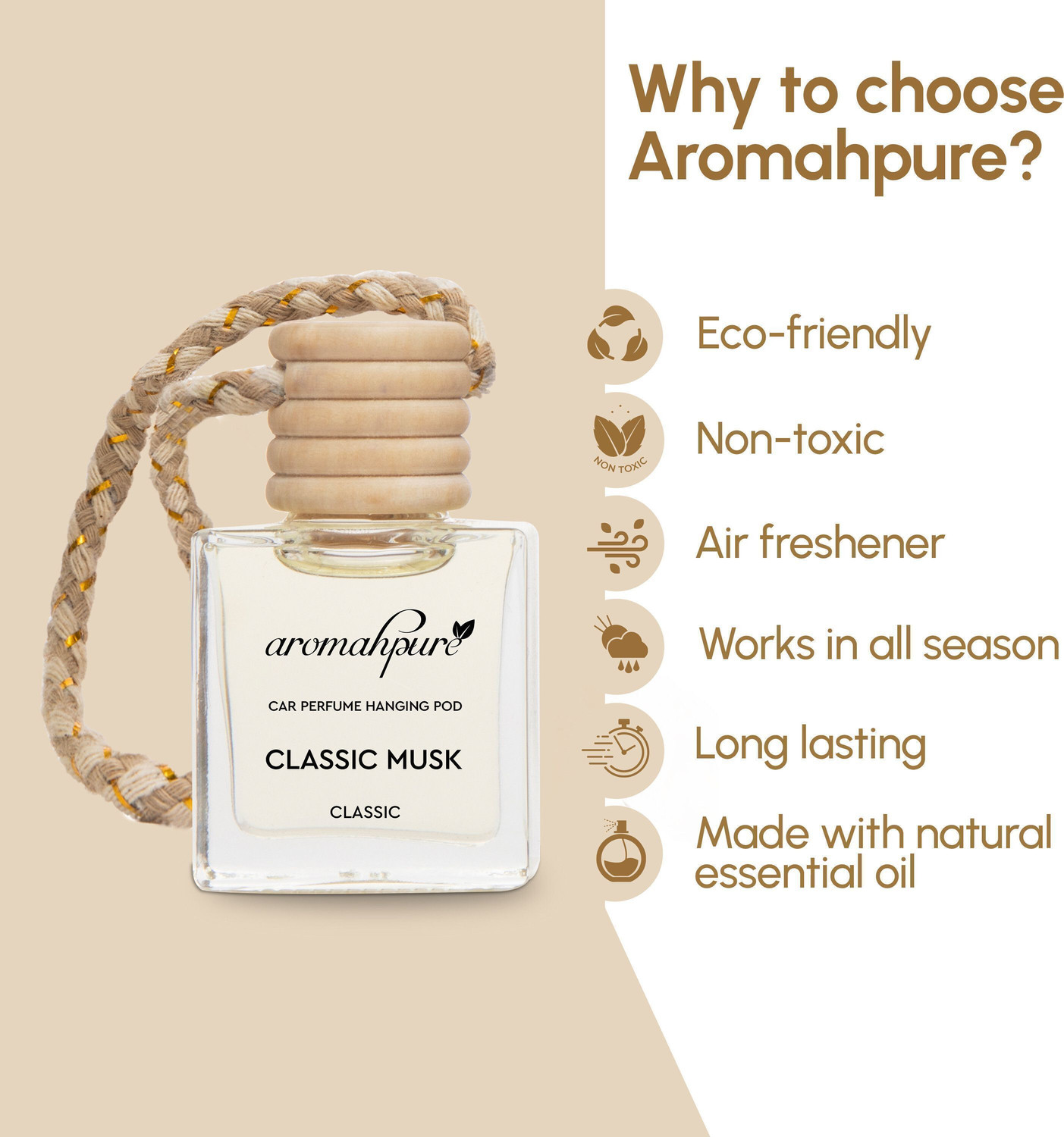 Image of Aromahpure Musk Car Freshener Diffuser Hanging Pod | Natural Fragrance Oils in Glass Bottle with Wooden Lid