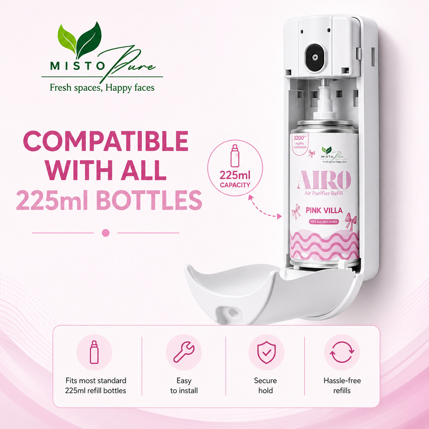 Image of mistopure Pink Villa Automatic Spray AIRO MATIC Air Freshener Kit (Machine + 1 Refill) - Automatic Room Freshener with Adjustable Spray Timer | Pink Villa | Upto 2200 Sprays | Lasts up to 60 days
