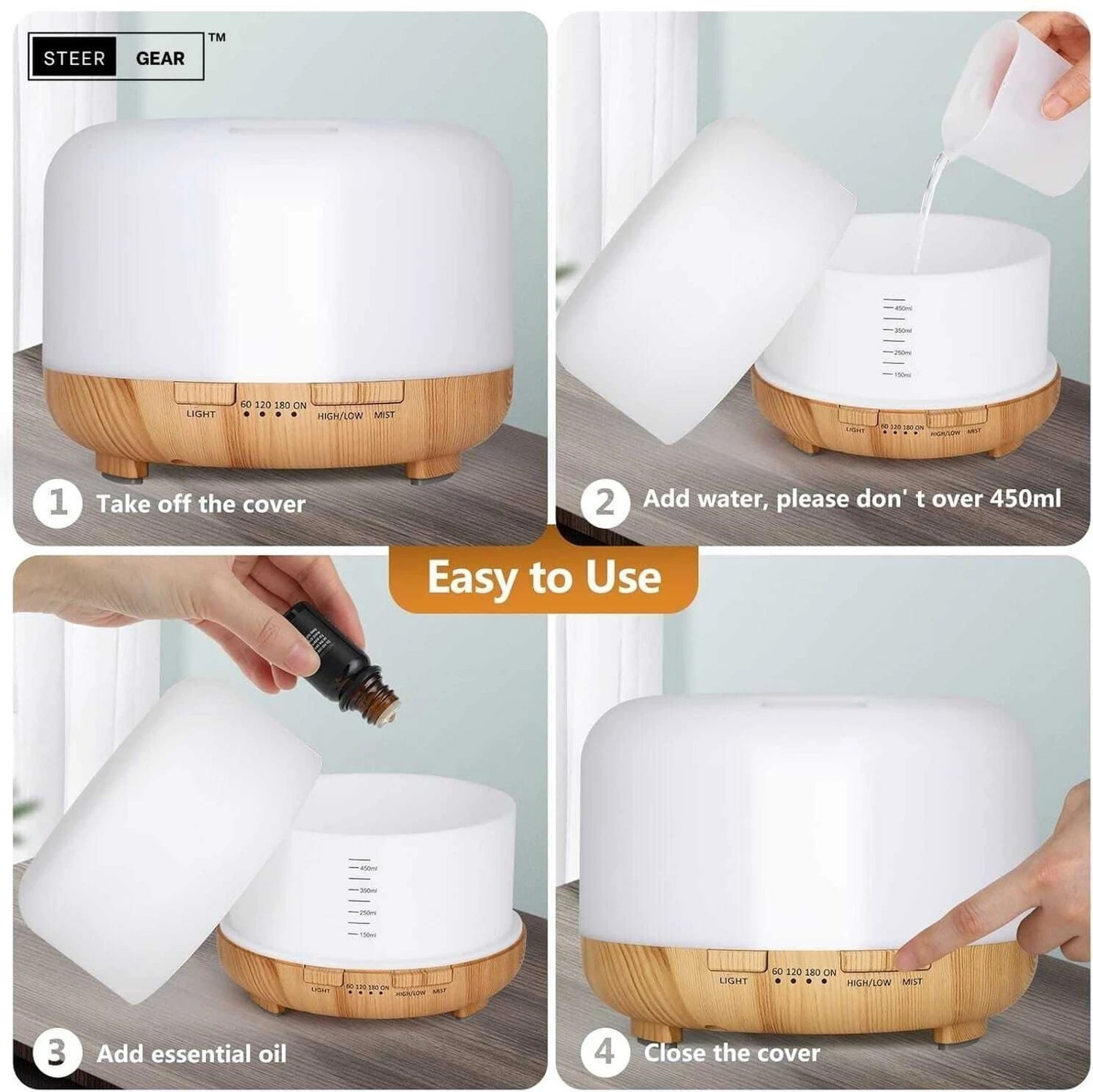 Image of SteerGear Aroma Diffuser-White Diffuser Set Aroma Diffuser with 7 Colors LED Essential Oil Humidifier (500 ml)