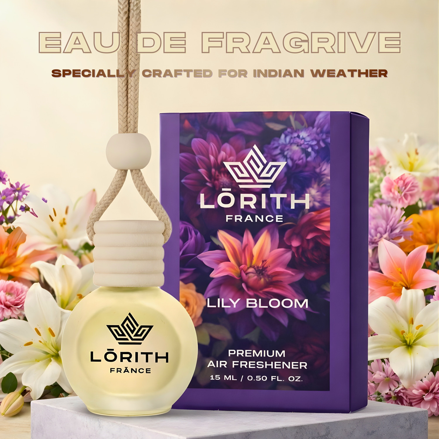 Image of Lorith France Lily Bloom Car Freshener Diffuser Car Perfume Combo Best Pack of 1 Premium Hanging Car Air Freshener (Lily Bloom) (15ML) Long Lasting Natural Essential Oil Glass Bottle Car Accessories