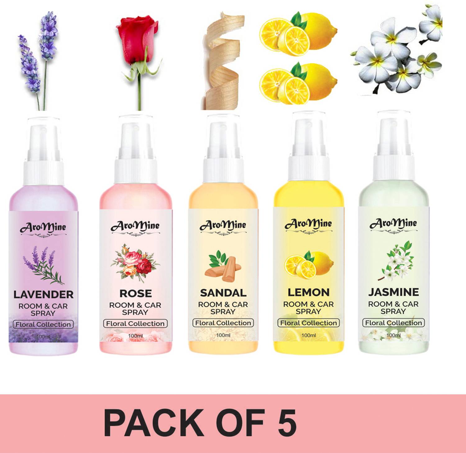 AroMine Rose, Sandal, Lavender, Lemon, Jasmine Fragrance Car Freshener Spray Rose, Jasmine, Lemon, Sandalwood and Lavender-Combo Offer