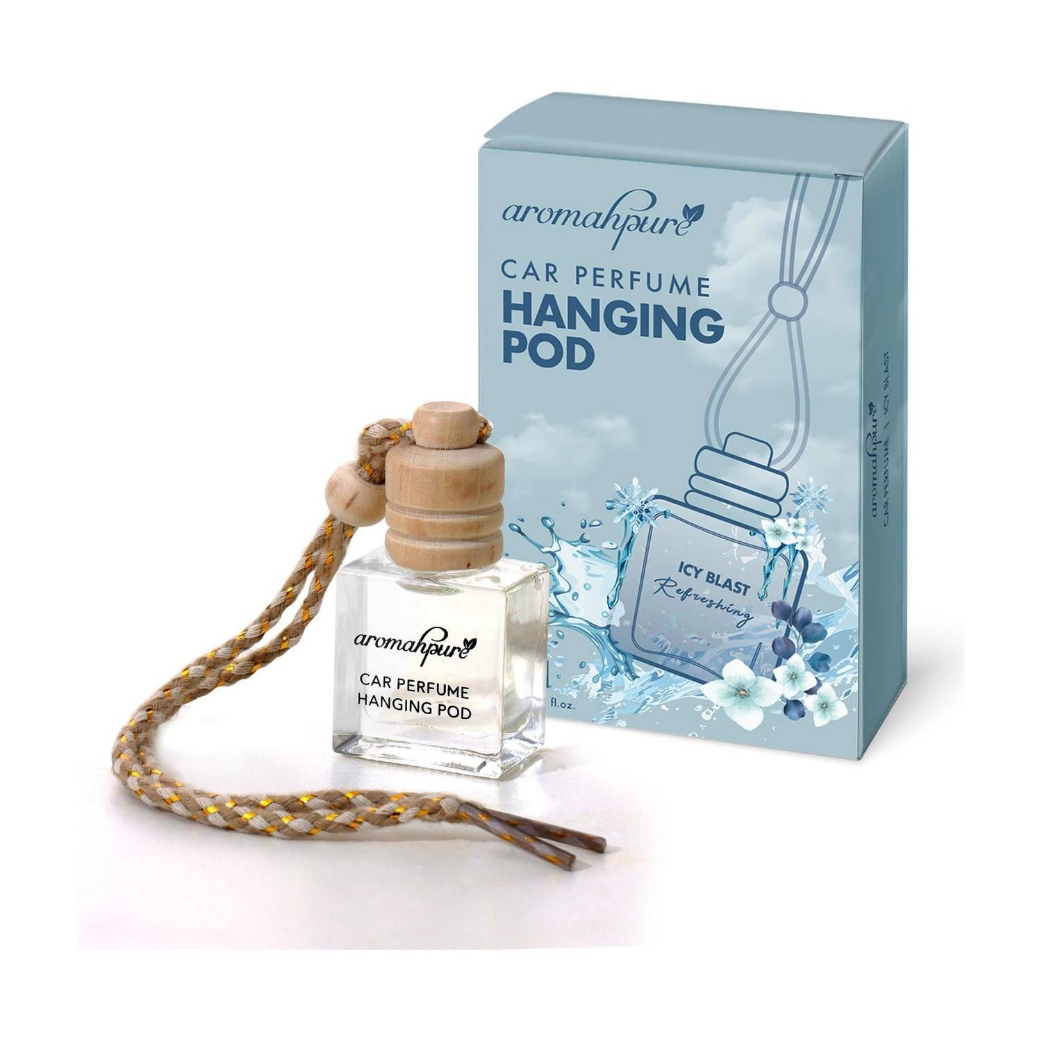 Aromahpure Icy Blast Car Freshener Diffuser Hanging Pod | Natural Fragrance Oils in Glass Bottle with Wooden Lid