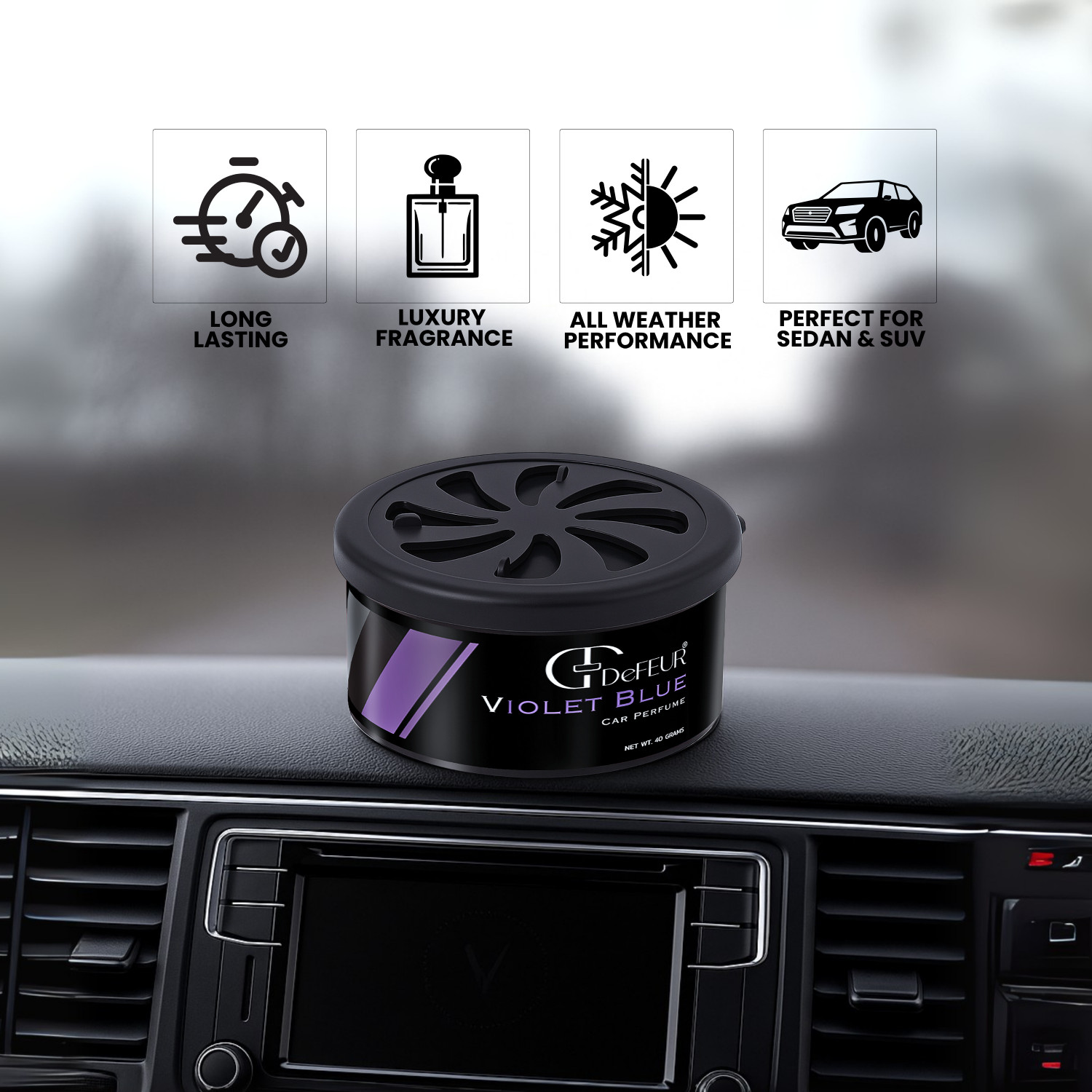 Image of DeFEUR Organic Blue Violet Car Perfume, Non-Liquid Fiber Freshener, Lavender Scent Car Freshener Blocks Fiber Car Perfume (40 g)