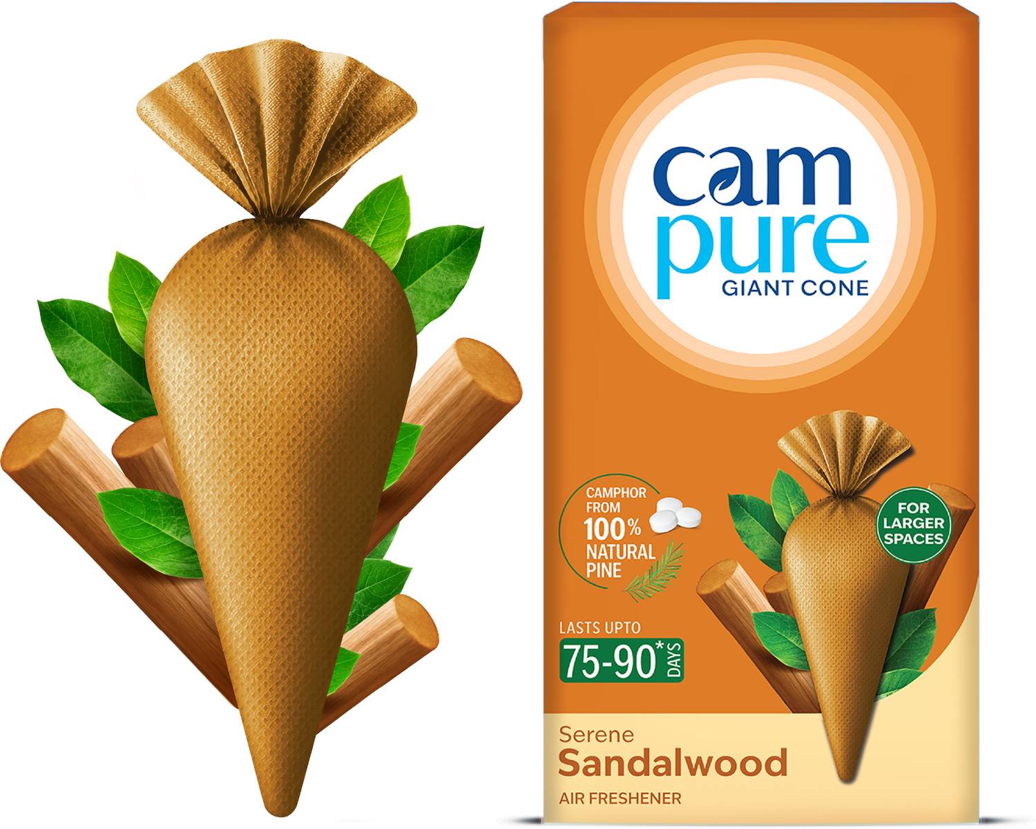 CamPure Camphor Giant Cone (Sandalwood) Pack of 1 - Room, Car and Air Freshener Potpourri Giant Sandalwood Cone Air Freshener | Calming Fragrance | Elevates Mood | Preserves Fabrics