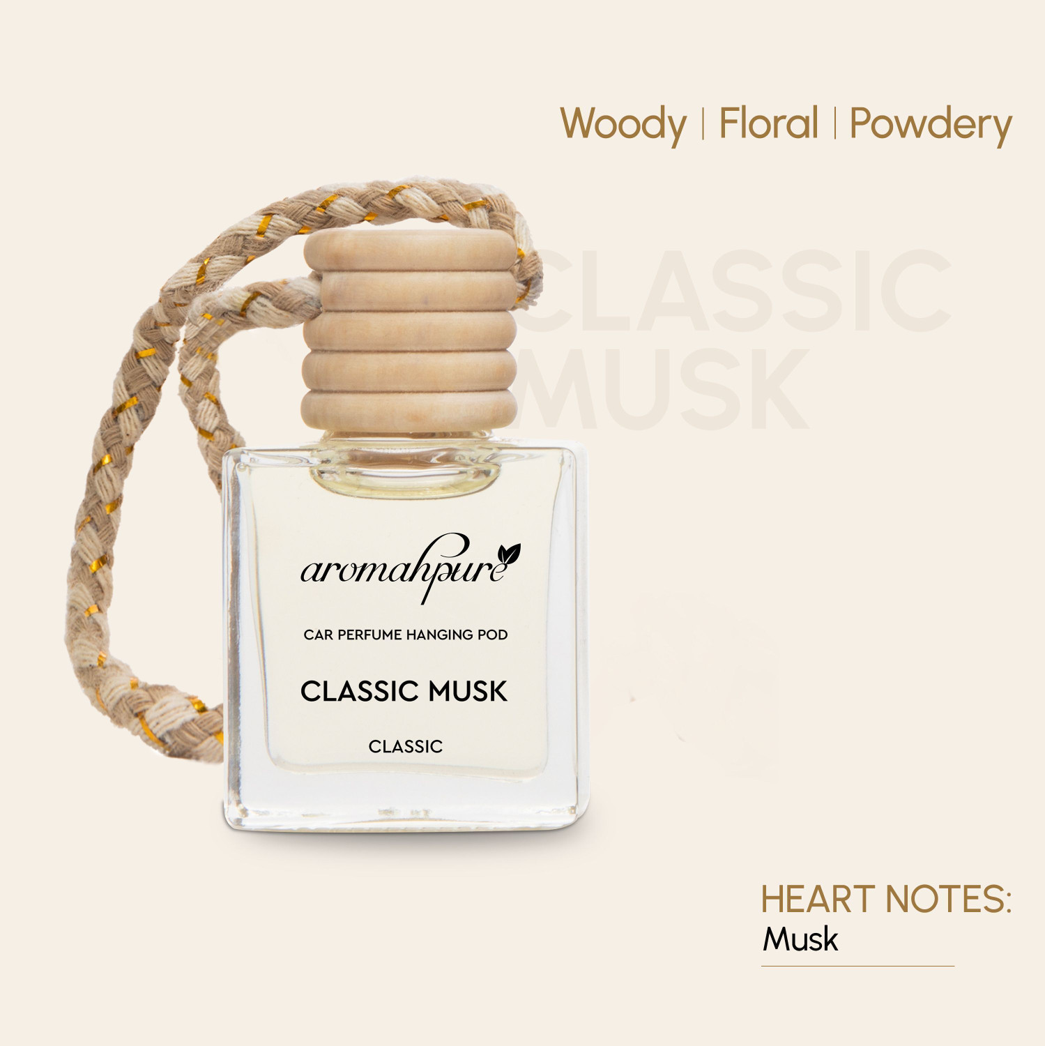 Image of Aromahpure Musk Car Freshener Diffuser Hanging Pod | Natural Fragrance Oils in Glass Bottle with Wooden Lid