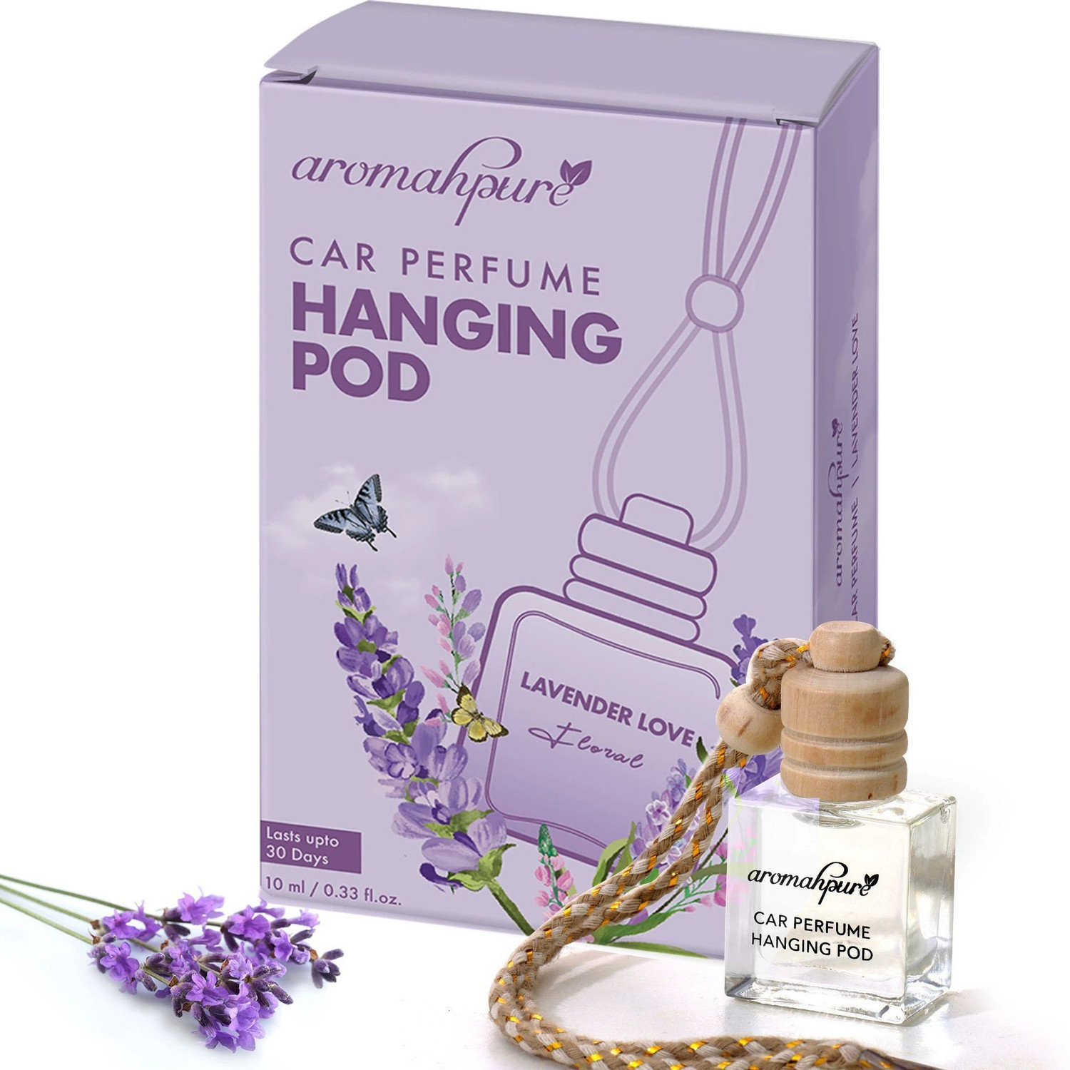 Image of Aromahpure Lavender Car Freshener Diffuser Hanging Pod | Natural Fragrance Oils in Glass Bottle with Wooden Lid