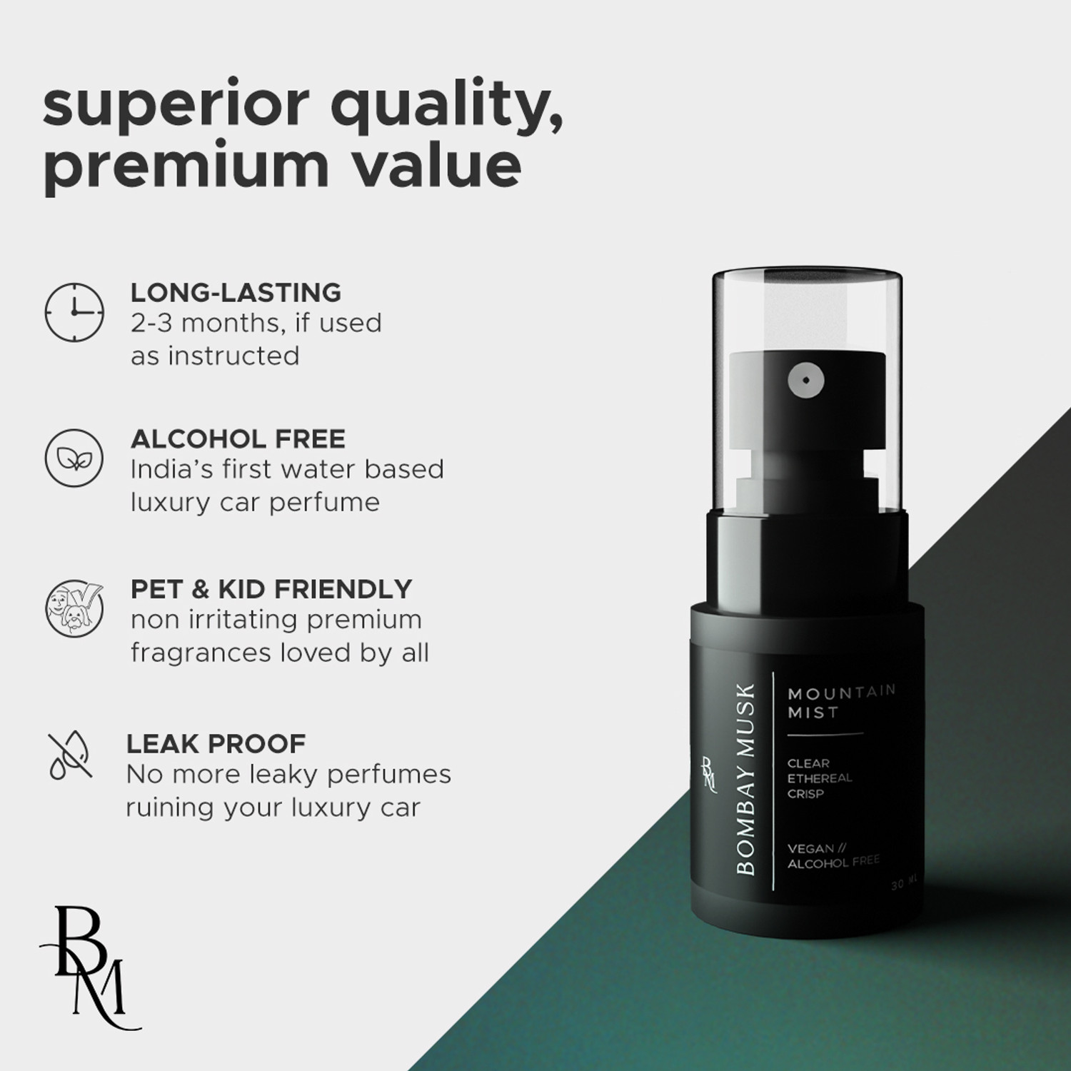 Image of Bombay Musk Mountain Mist, Fresh, Icy, aroma Car Freshener Spray Mountain Mist Luxury Car Perfume | Long Lasting Car Fragrance & Car Freshener