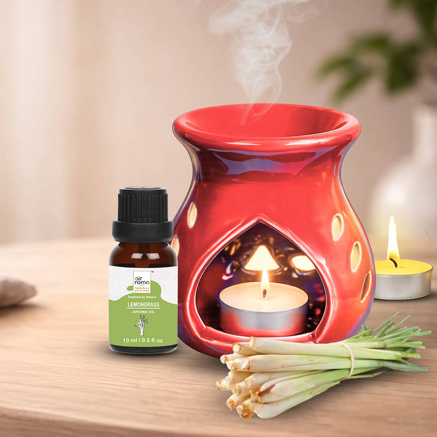 Airroma Lemon Grass Diffuser, Diffuser Set, Aroma Oil Ceramic Aroma Diffuser Oil Burner(Red) with 10ml Lemon Grass Oil & 2 Pcs Candles