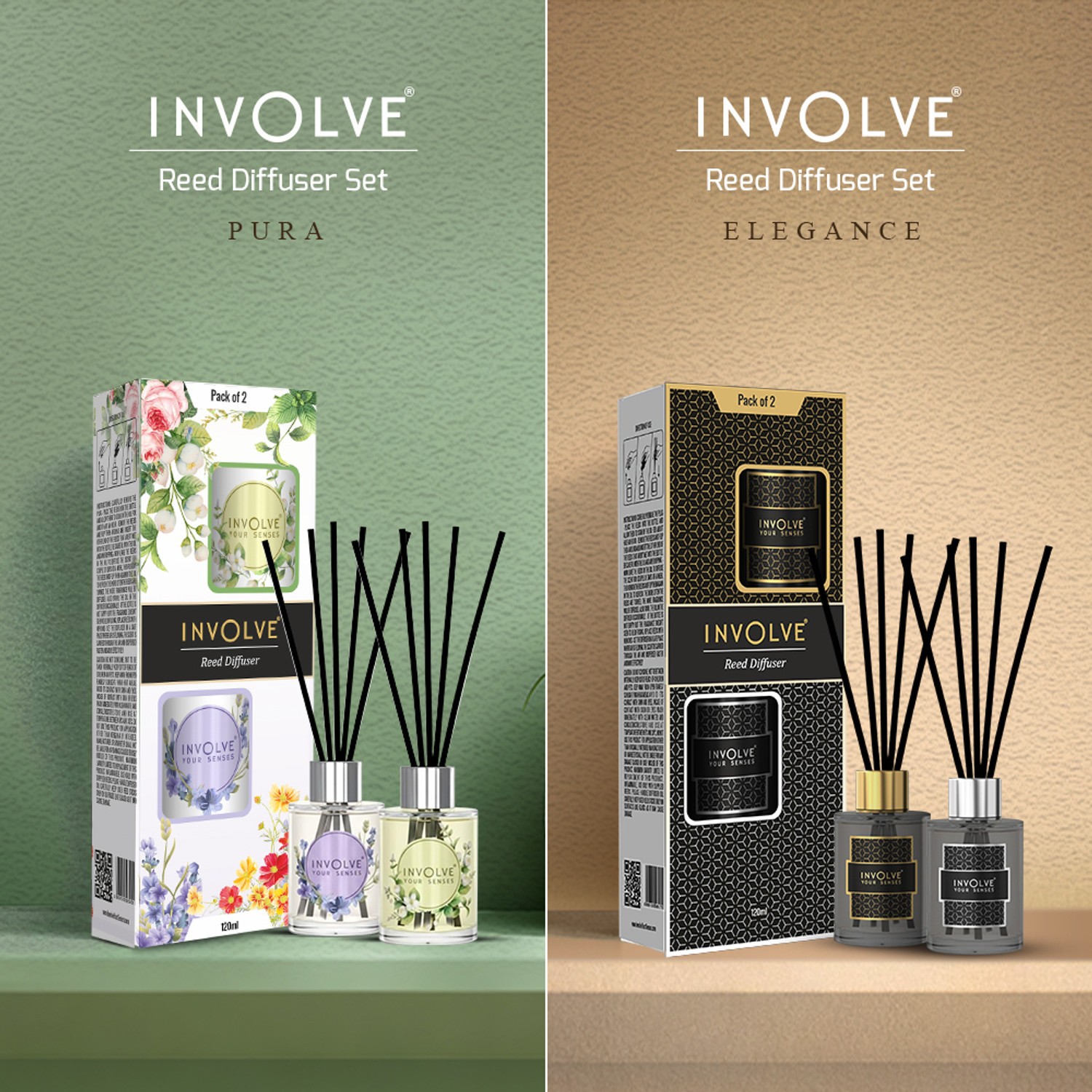 Image of Involve Elegance Reed Diffuser Set Pack of 2 -Golden Musk Glory and Silver Aqua - 120 ml Diffuser Set | Oil Diffuser with Free 10 Reed Sticks | Room Freshener for Home, Bedroom, Living Room & Office | Gifts Set