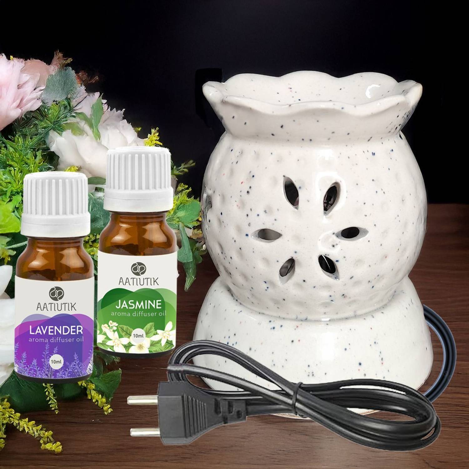 Aatiutik Lavender, Jasmine Diffuser Handcrafted Ceramic Electric Diffuser for Home Fragrance Aroma Oils for Aromatherapy | Air Freshener | Camphor/Essential Oil Burner | Night Lamp Light